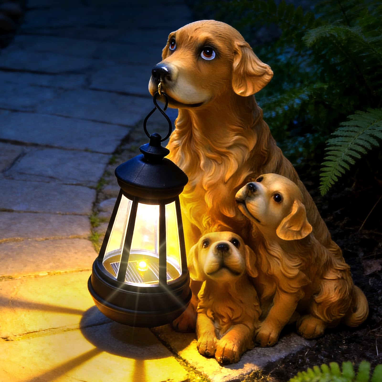 Statue de Jardin Chien Éclairage Solaire Extérieur: Figurine Chien Golden Retriever avec Chiots et Lanterne Solaire, Décoration Imperméable pour Balcon Terrasse, Idée Cadeau Anniversaire Femme Homme