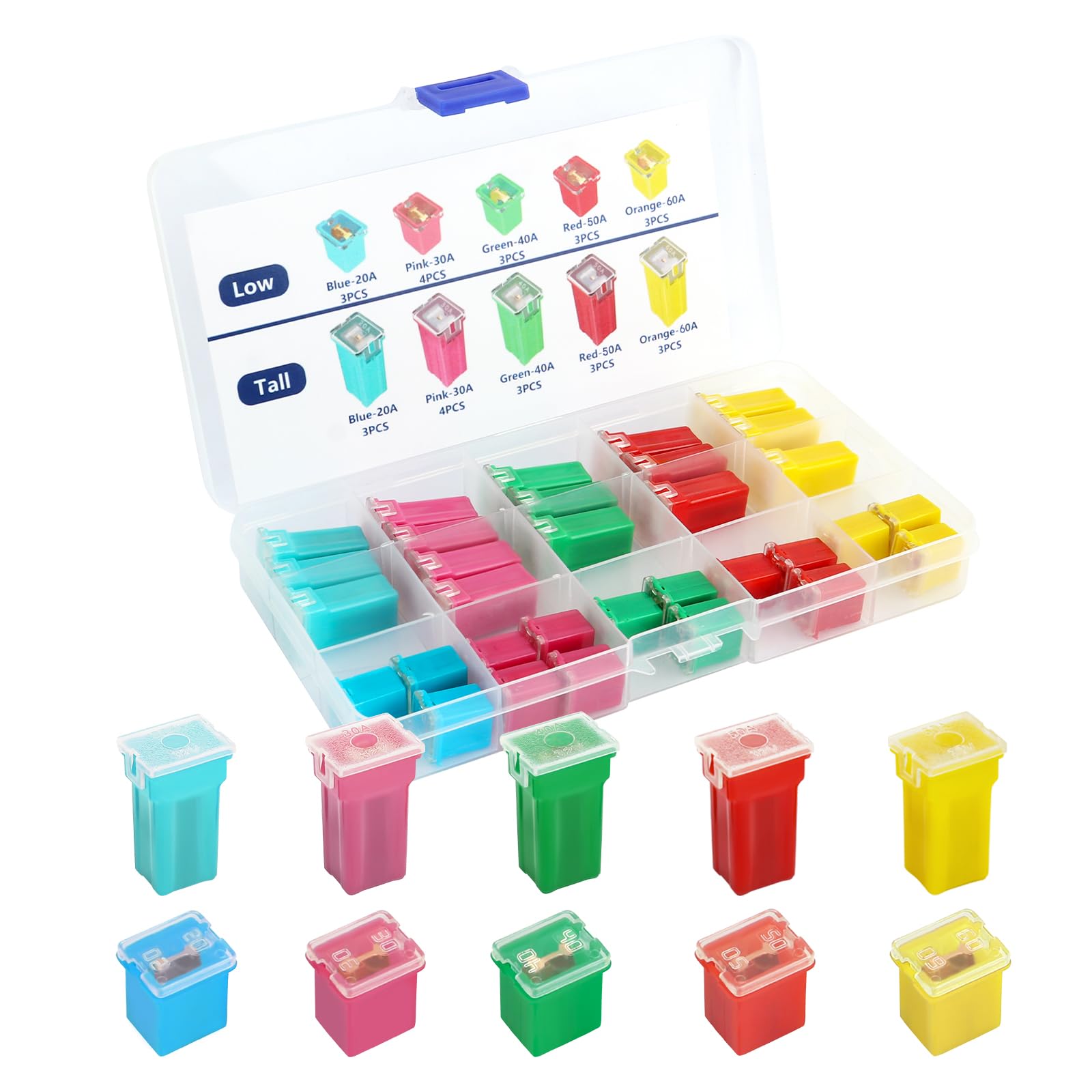 32PCS Car Fuse Assortment Kit Box Shaped,Low&Tall Legs Car Fuse Kit with 20A 30A 40A 50A 60A Inside Avoids Short Circuits,Portable Car Accessories Fuses Automotive Kit for Car Truck RV