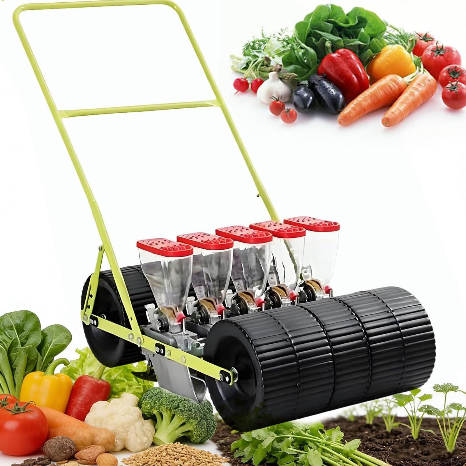 Drmoxin Hand-Pushed Vegetable Planter, Garden Corn and Soybean Seeder, Pushable Garden Seeder, Adjustable Plant And Row Spacing, for Sowing Corn, Soybeans, Peanuts, Wheat, And Beans 5row