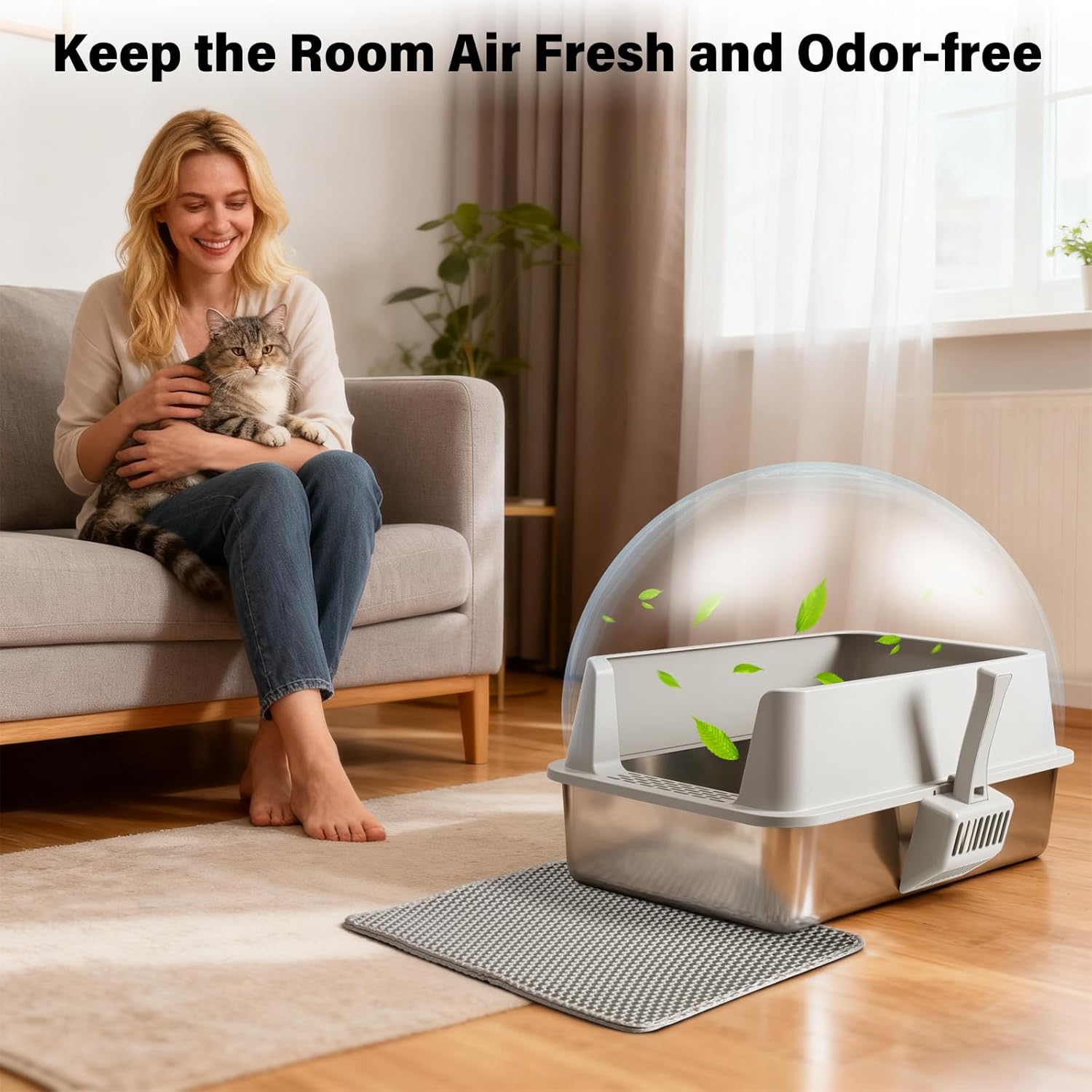 Stainless Steel Cat Litter Box with Lid, Large Metal Litter Box Stainless Steel with Mat & Scoop, Odor-Free/Anti-Leakage & Non-Stick/Easy Clean, High-Sided Litter Box for Multiple Big Cats(XL/Grey)