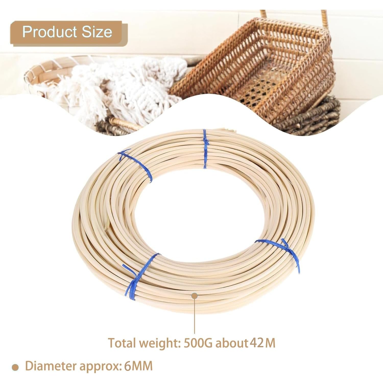 Ratan Rollo Mimbre Natural para Tejer Hogar - Rollo de 6.0mm, 500g, Mimbre Rollo Fácil de Usar en Proyectos de Bricolaje