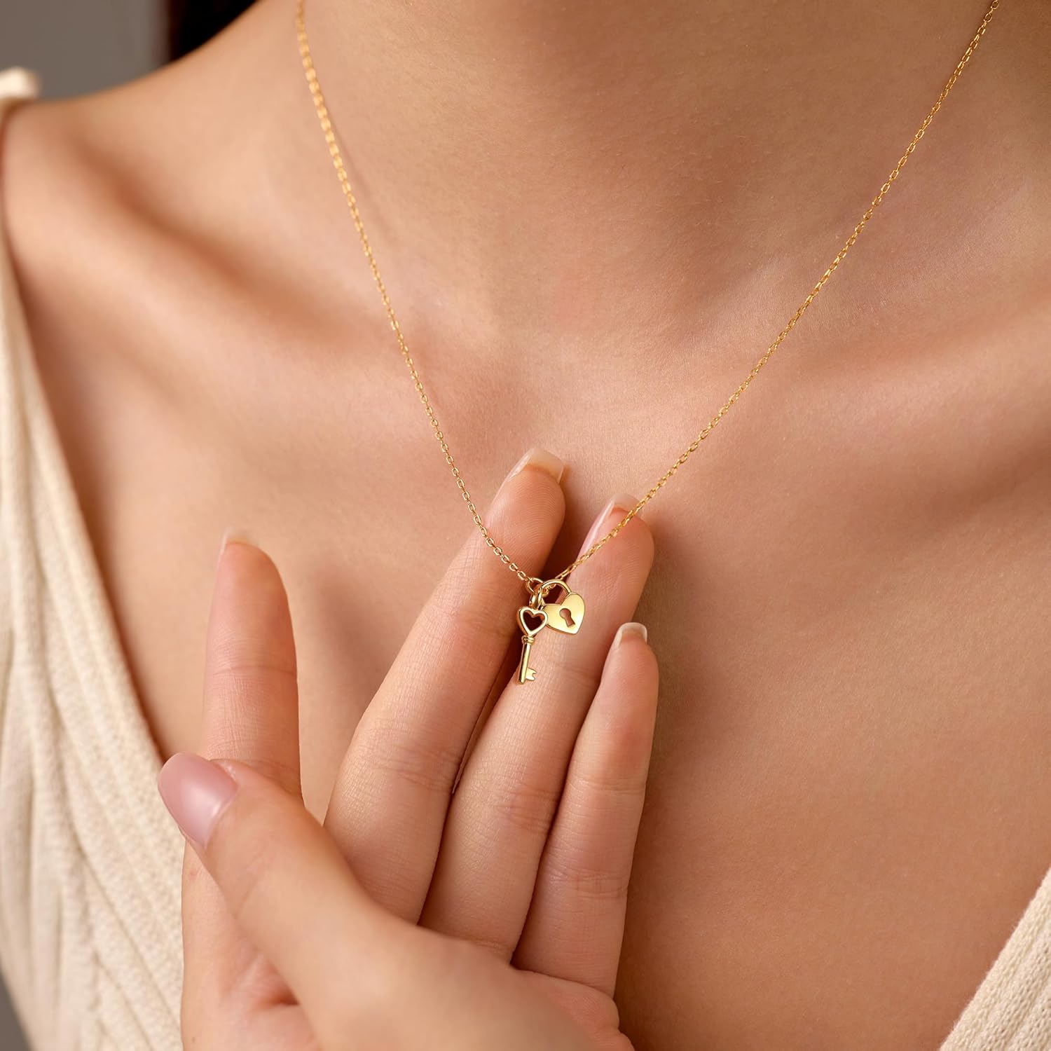 Heart Key Charm Necklace for Women,925 Sterling Silver Dainty Heart Lock Key Pendant Necklace to Daughter Mother 14k Gold Plated Cute Padlock Choker Chain Necklace for Wedding Birthday Valentine's Day - Image 4