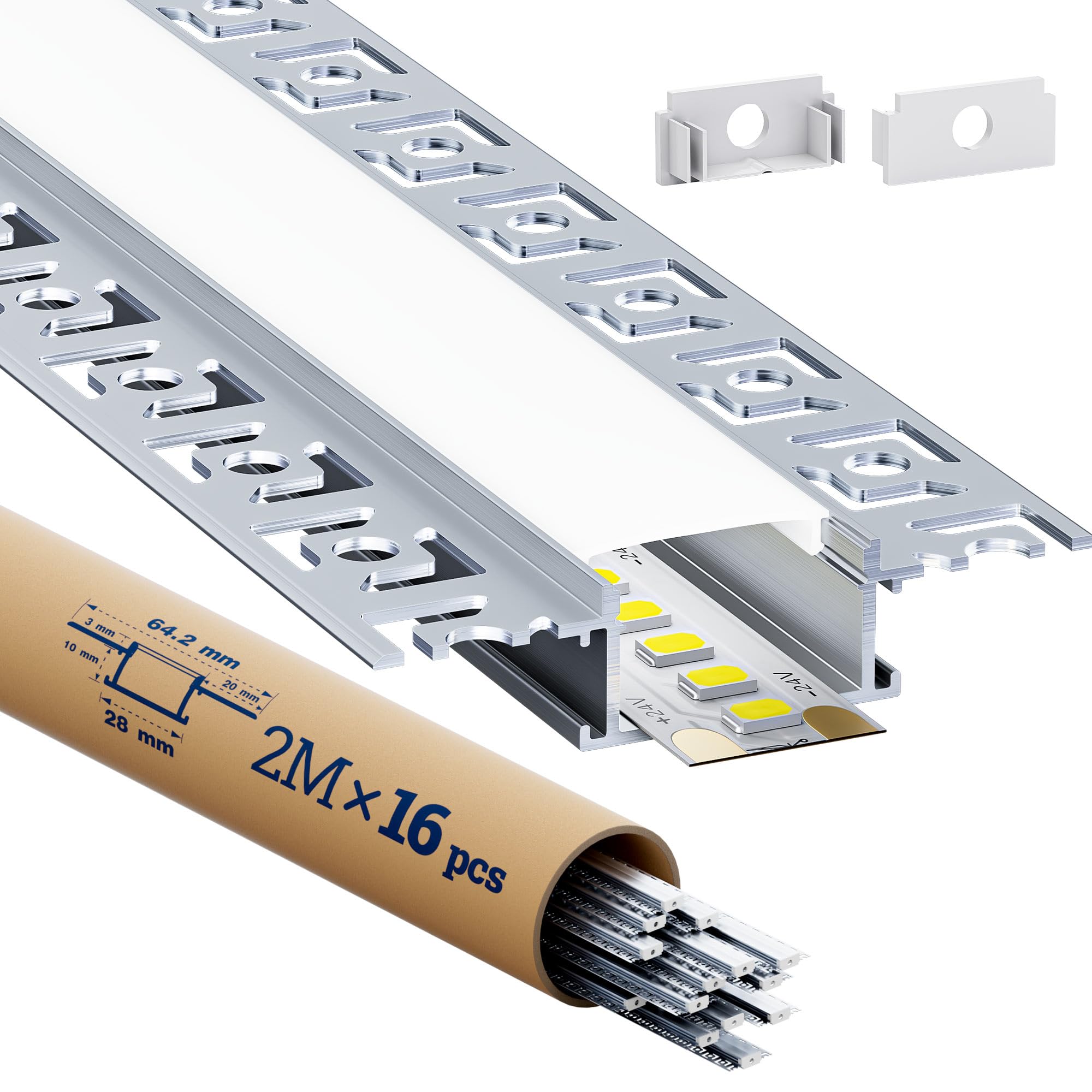 16 x LED Profilo per Cartongesso 2m - Profilo in Alluminio con Diffusore da Incasso - Canale per LED per illuminazione indiretta del soffitto, cartongesso, parete e soffitto