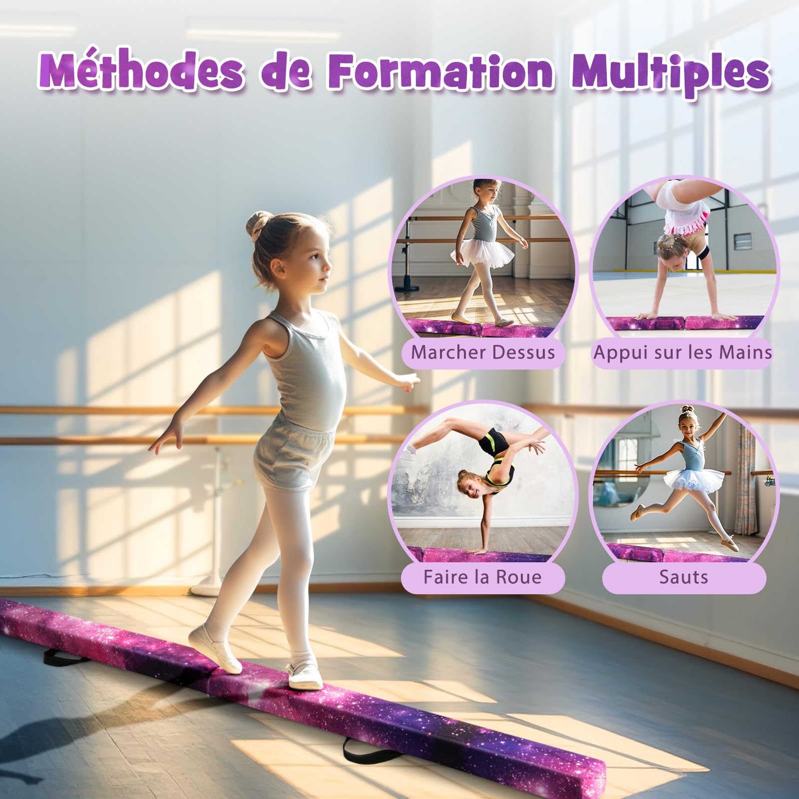 GYMAX Poutre Gymnastique Pliable 210/240/270 cm pour Enfants, Revêtement Antidérapant, Structure en Pin, Poignée de Transport, pour Entraînement à l'Équilibre, Danse, Fitness