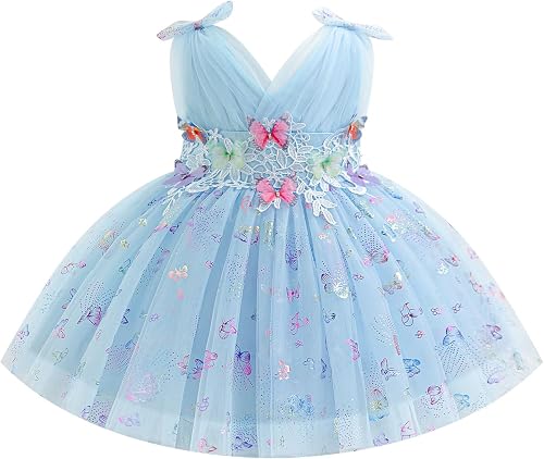 IBTOM Castle Toddler Girl Butterfly Tutu Birthday Dress Light Blue 2-3T
