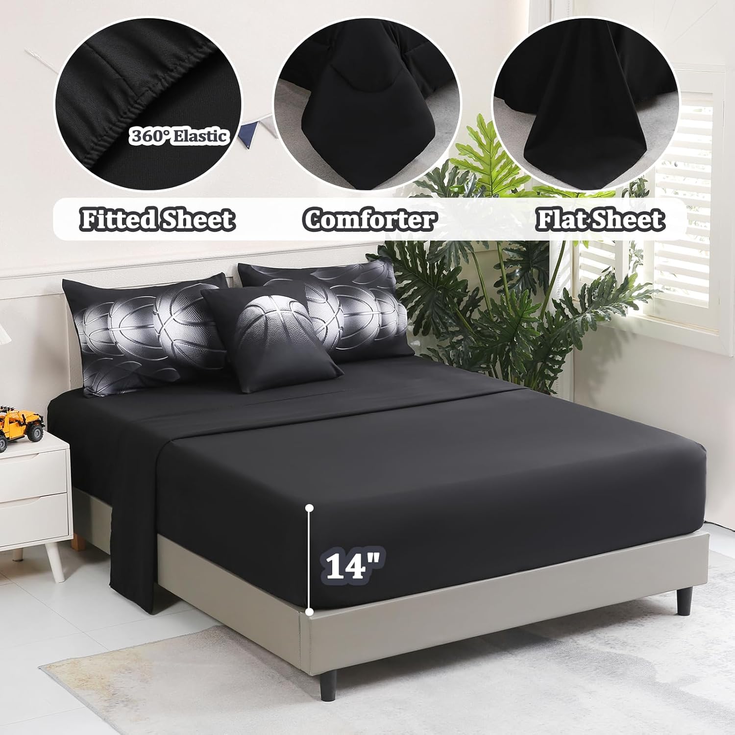 6 Pcs Basketball Full Bedding Sets for Boys,Basketball Sports Black Full Size Comforter Set with Sheets for Kids Teens