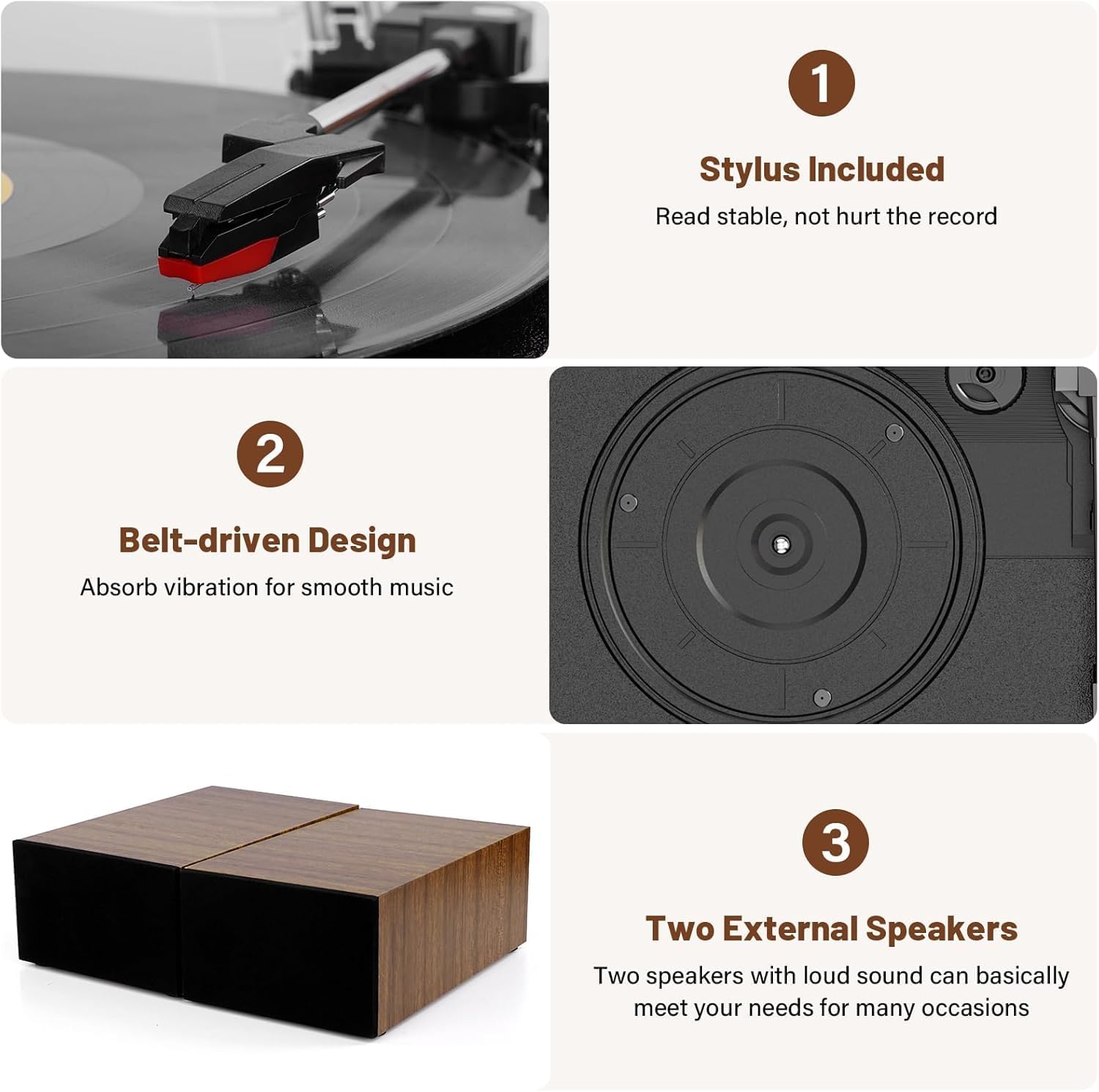 Vinyl Record Player with Dual Stereo Bookshelf Speakers Vintage Belt Drive Bluetooth Turntable with External Speakers,Convert Vinyl to MP3,LP Players AUX Headphone Input RCA Out - Image 7