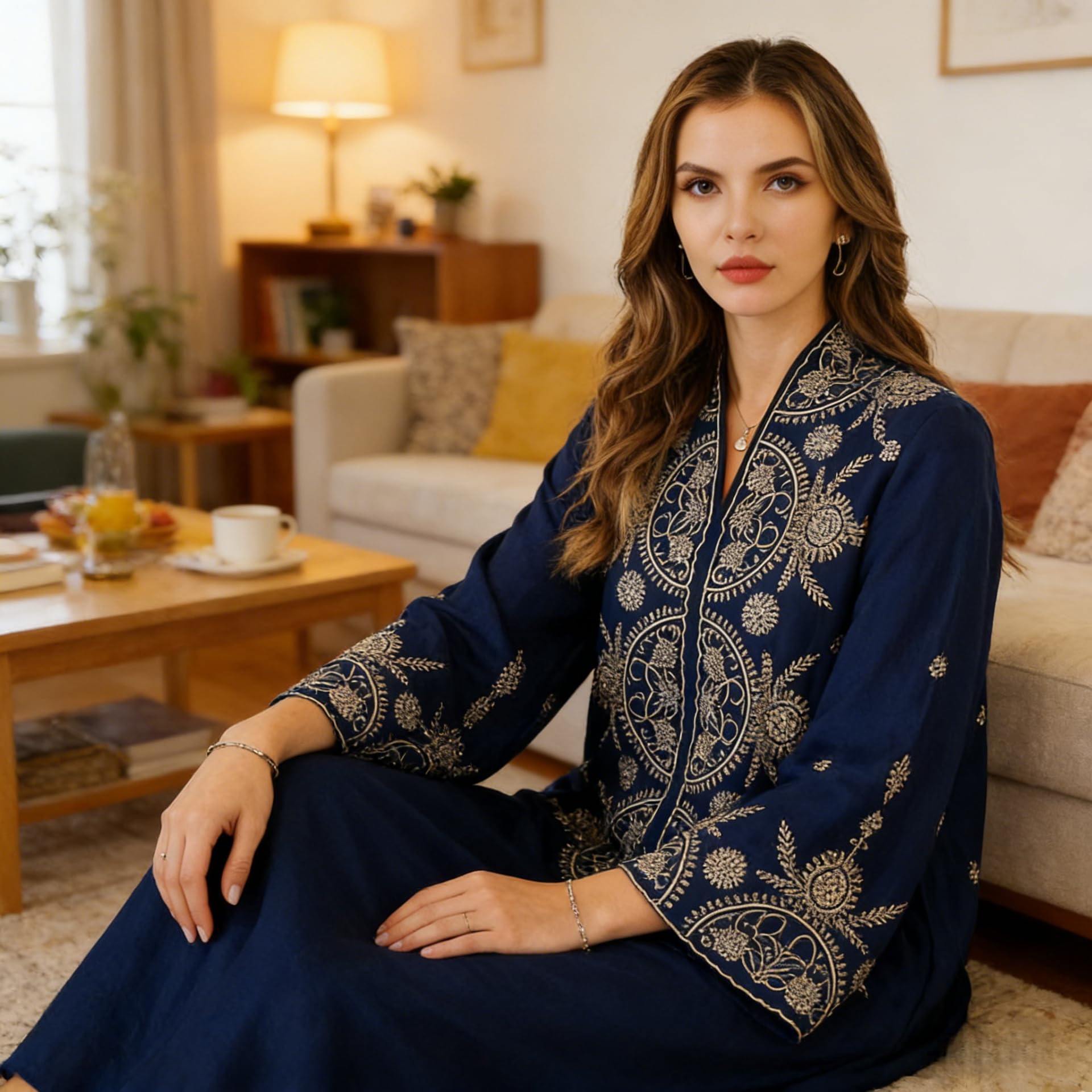 zhxinashu Abaya de Mujer Musulmana con Flores, Vestido Largo Tradicional con Intrincado Estampado Floral, Kaftan Mujere de Largo Completo para Fiesta de Boda, Celebraciones de Ramadan(Azul,L)