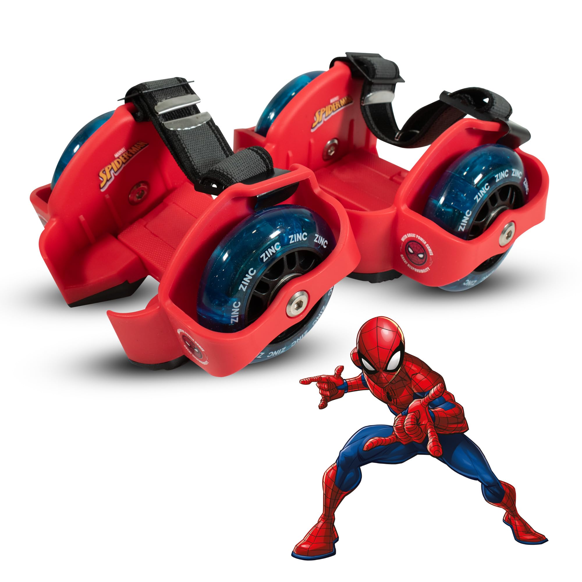 Zinc Officially Licensed Marvel Spiderman Street Gliders - For Ages 5+, Detachable Roller Skates for Shoes, Light-up Wheels, ABEC 7 Bearings for Roller Skate Shoes & Heel Brake - Red