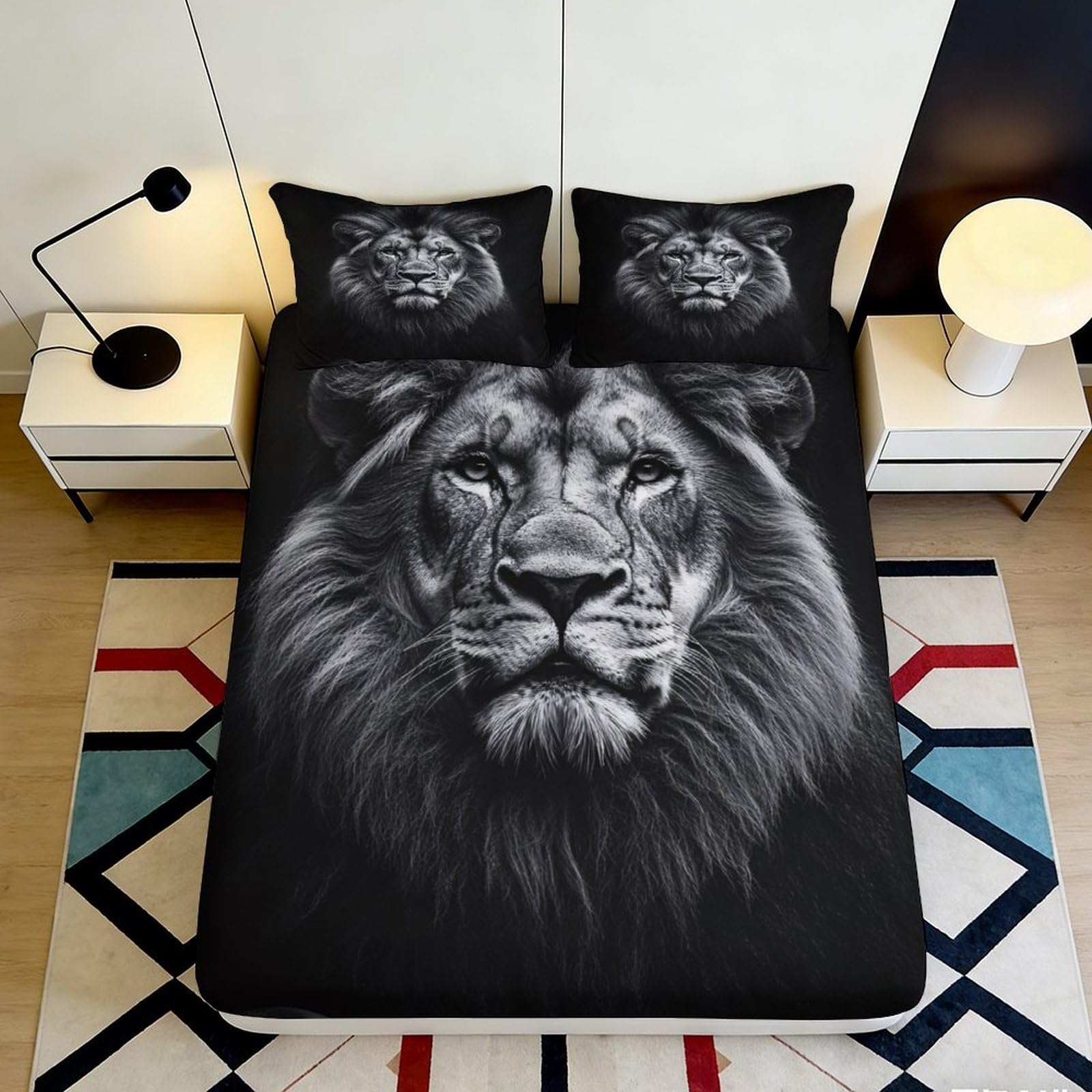 3D Printing Lion Pattern Microfiber Fitted Sheet Deep Pocket Non-Slip Bedroom Bedding Lion Mattress Fitted Cover Full Wrap Washable for Adults Teens 180x200x25cm