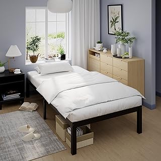 Bamboo Bed Frame Twin Size Wood Platform Bedframe Solid Stable with Non-Slip Slats Support Tall Bed No Box Spring Needed Heavy Duty Easy Assembly Noise Free Black