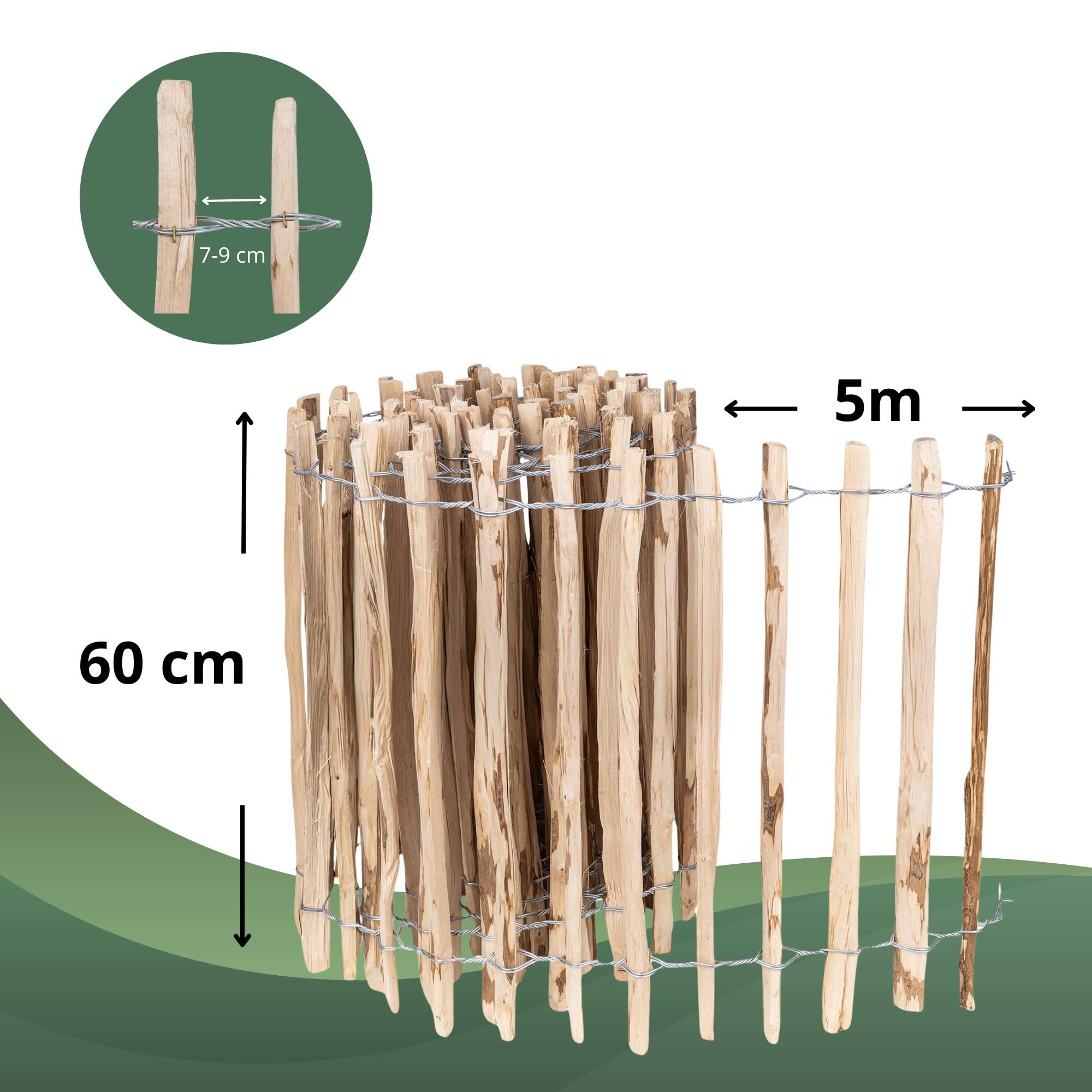 Creative Home Staketenzaun 60cm hoch und 5m lang | Lattenabstand 7-9 cm | Haselnusszaun | Rollzaun | Gartenzaun Holz Holzzaun | Zaun Garten Ideal als Rasenkante Blumenbeet Umrandung aus Haselnuss