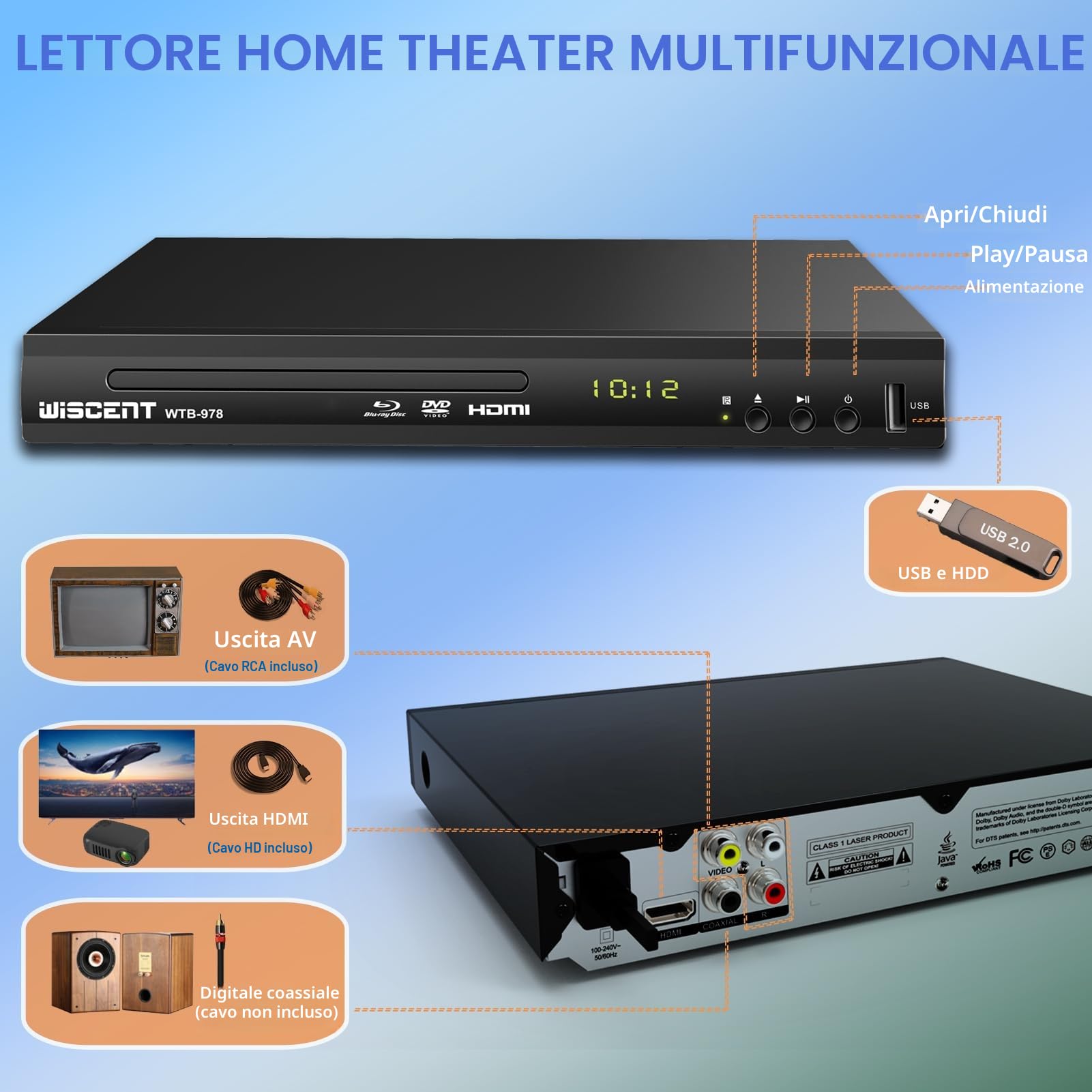 Lettore Blu-Ray per TV, WISCENT Lettore DVD con Coassiale/HDMI/AV, ingresso USB, tutti i DVD e la regione B/2 Blue Ray Discs, Lettore Bluray Compatto Full HD 1080p (WTB-978B)