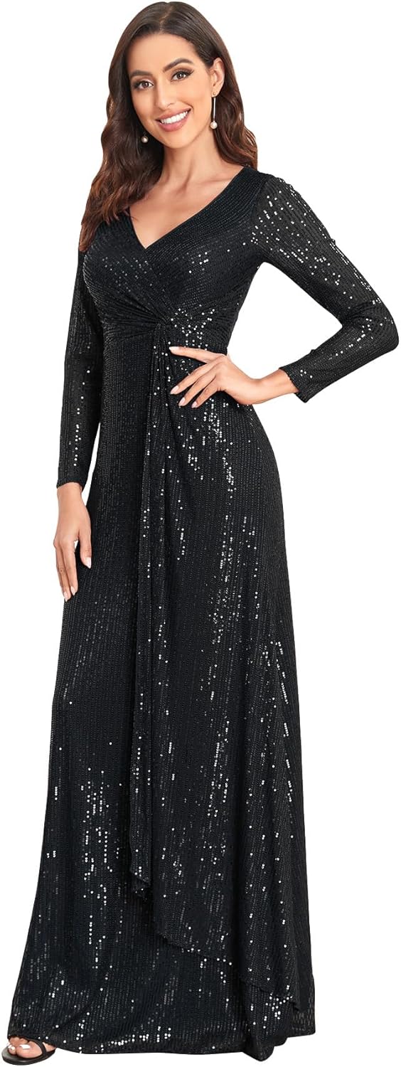 Glitter Sequin Formal Evening Gown Long Sleeve V Neck Wedding Guest Dress for Women