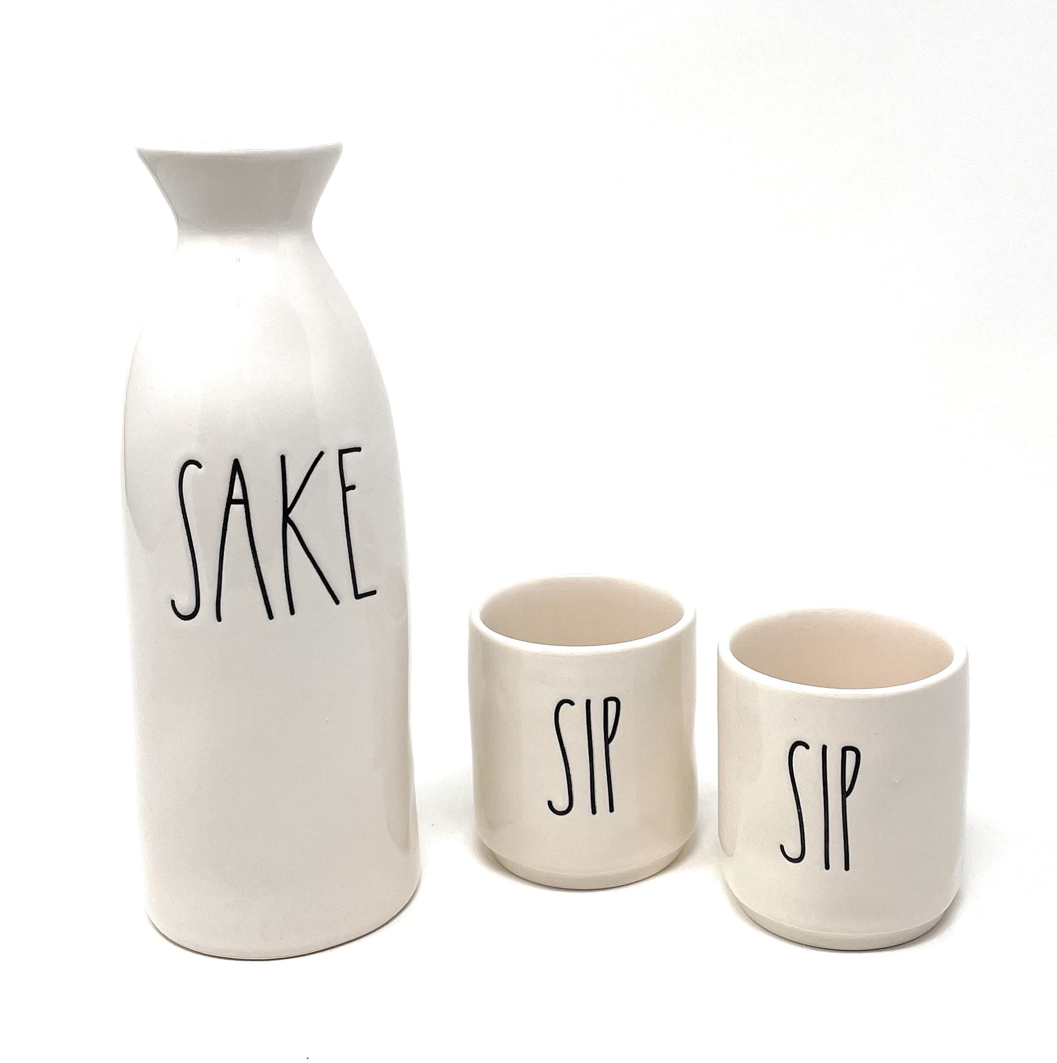 Rae Dunn SAKE Pitcher SIP Cups Glossy White Ceramic Set