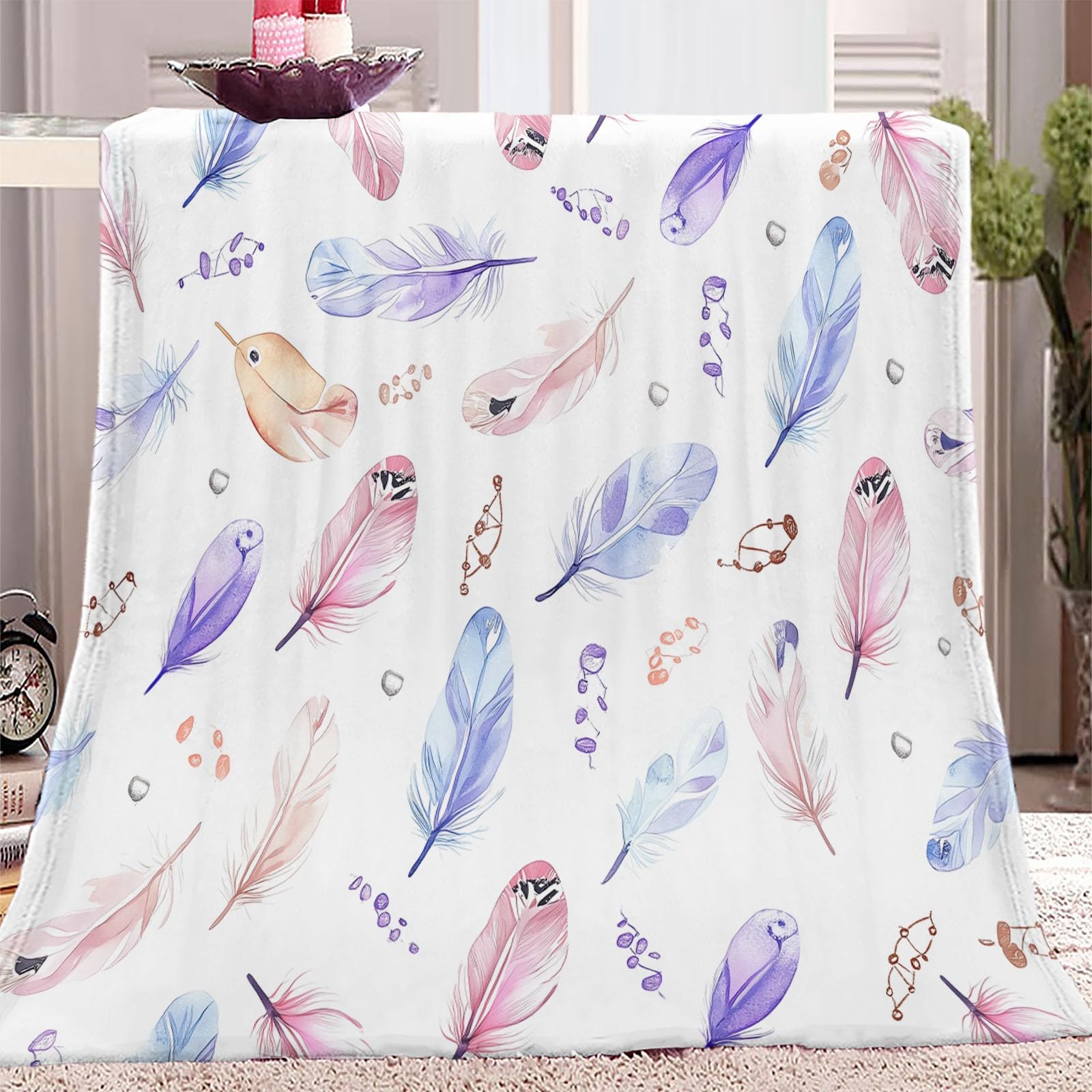 Koc polarowy czeski z akwarelowymi piórami koc flanelowy, gruby miękki ciepły ciepły koc polarowy na sofę łóżko biały koc zimowy 180 x 220 cm