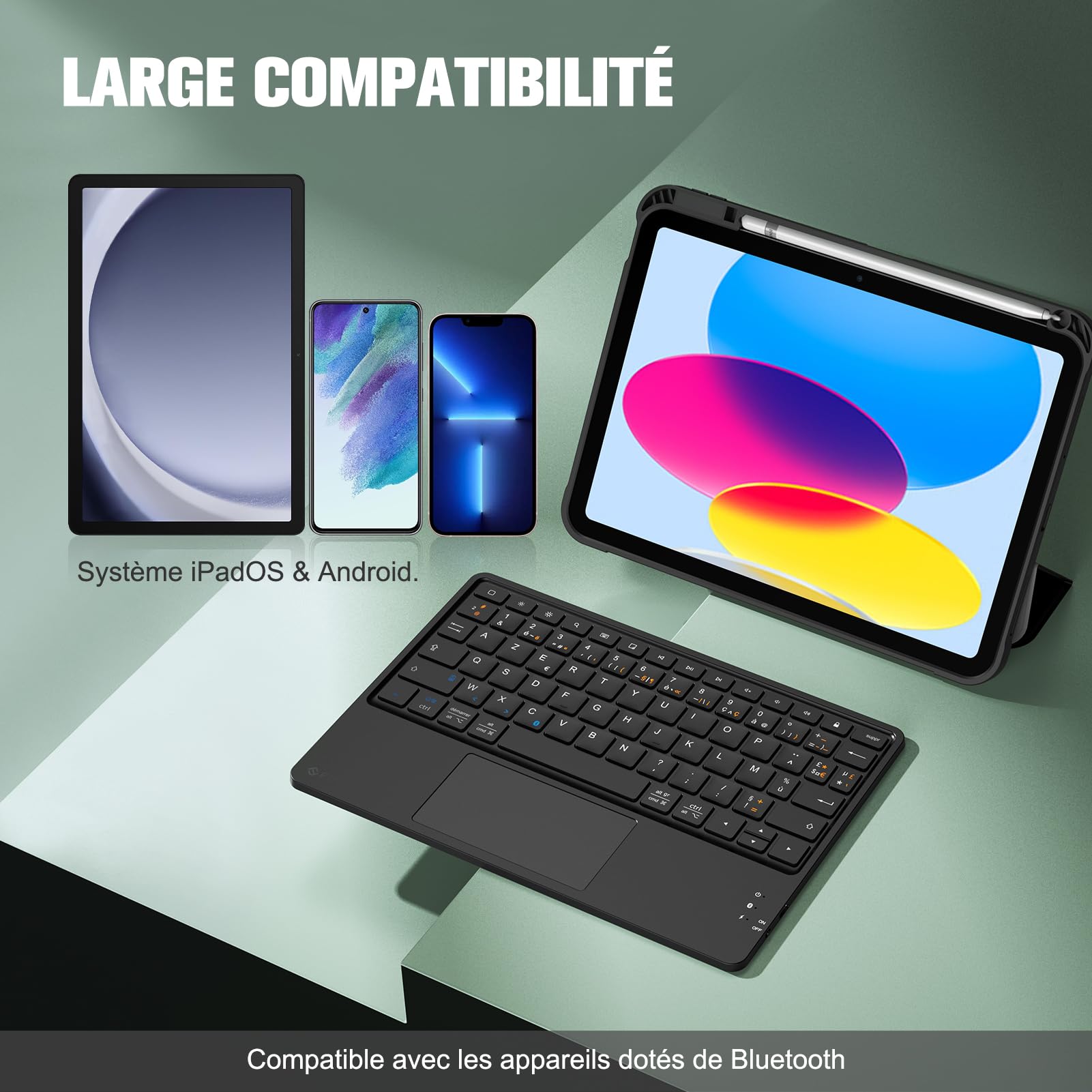 FINTIE Clavier sans Fil 10 Pouces - [Pavé Tactile] Léger Ultra-Fin, Clavier Bluetooth AZERTY Français pour iPad, Android Tablette Samsung, Xiaomi/Redmi Pad, Huawei etc, Noir