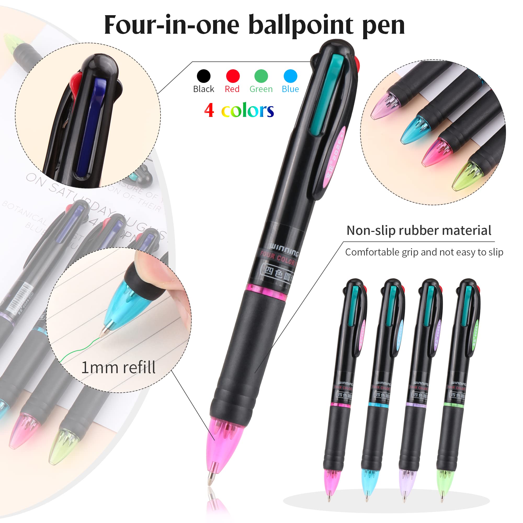 PDCTACST 12 penne colorate 4 in 1 da 0,7 mm, penne a sfera multicolore a punta fine, penne a sfera retrattili in 4 colori, per ufficio, scuola, studenti, bambini, infermieri, regalo per