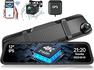 4K WiFi Mirror Dash Cam, Veement 12" Front and Rear View Mirror Camera with GPS for Car, Sony Starvis Sensor, Voice Control, Waterproof Reverse Backup Camera, Enhanced Night Vision, Parking Assistance