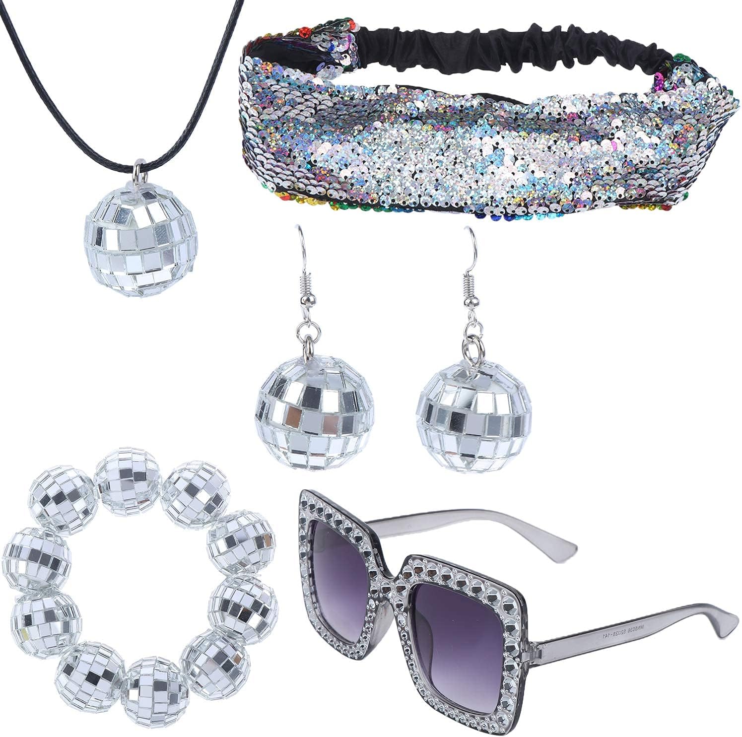 5 Pieces 1970s Disco Accessories Disco Set Ball Earrings Necklace Bracelet Bling Headband and Sunglasses for Women, Silver