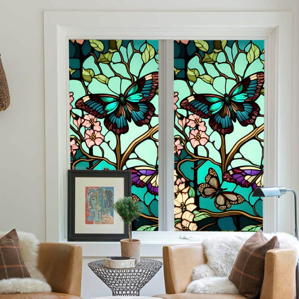 Privacy Window Film Retro Butterfly Pattern Stained Glass Window Film Decorative Frosted Window Cling Non-Adhesive Static Cling for Window &Glass Door