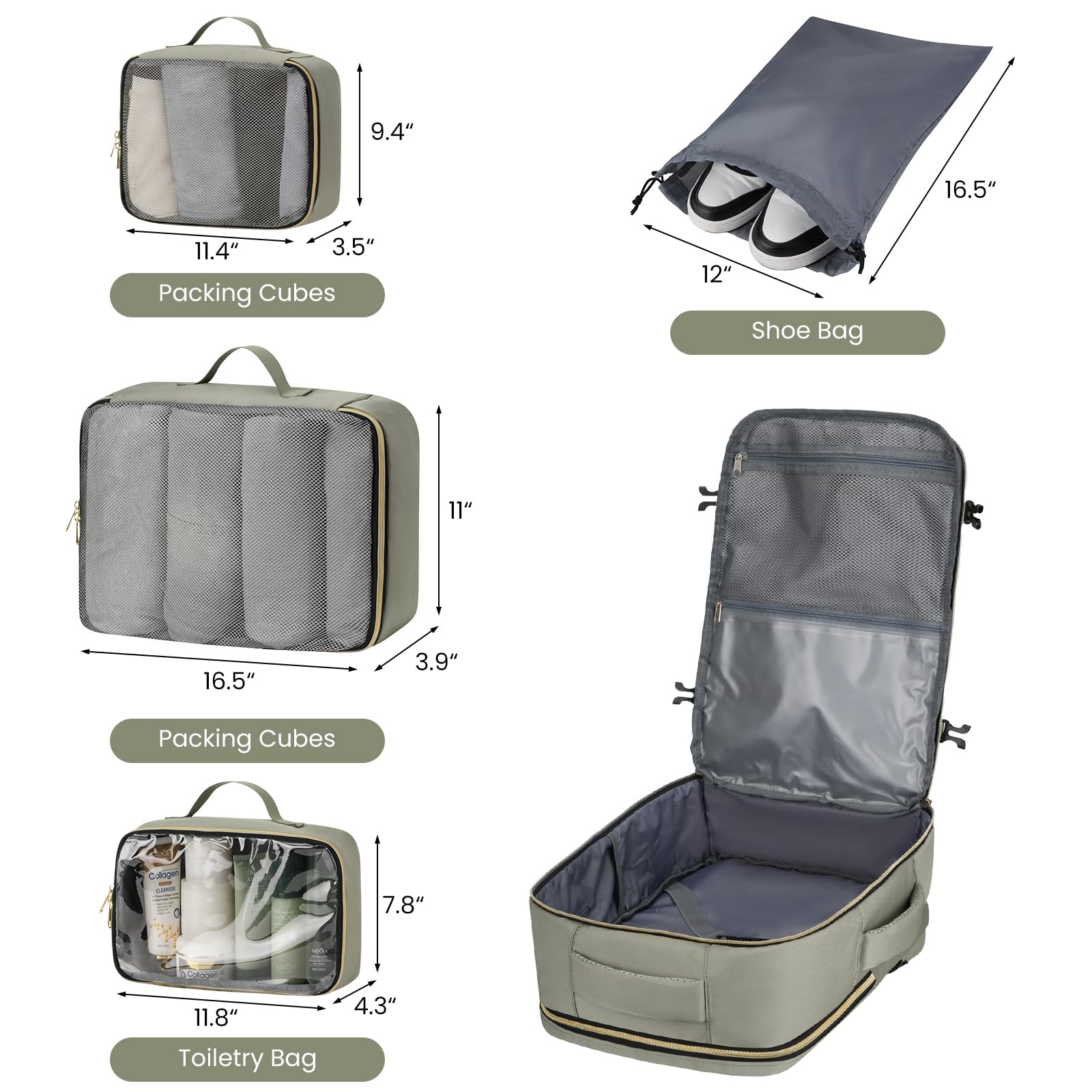 YAMTION Sac à dos de voyage cabine femme Vert avec 4 cubes de rangement, sac de week-end adapté aux vols, idéal pour les affaires, la randonnée, le travail, l'école et les études