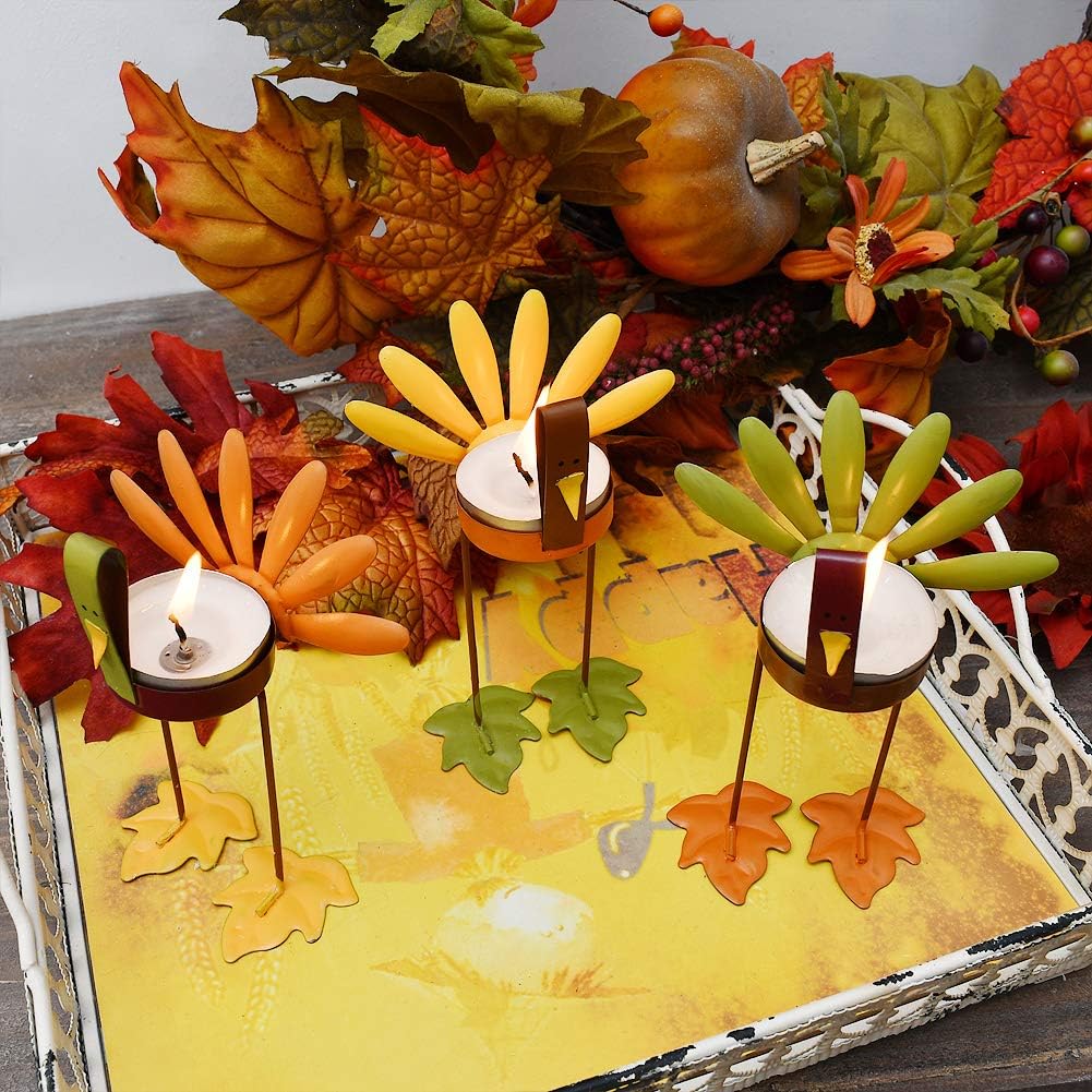 Attraction Design Decorative Candle Holder Thanksgiving Turkey Decorations Set of 3, Metal Turkey Home Decor Accent Rustic Tealight Candle Holder Centerpiece for Dining Room Table, Coffee Table Decor