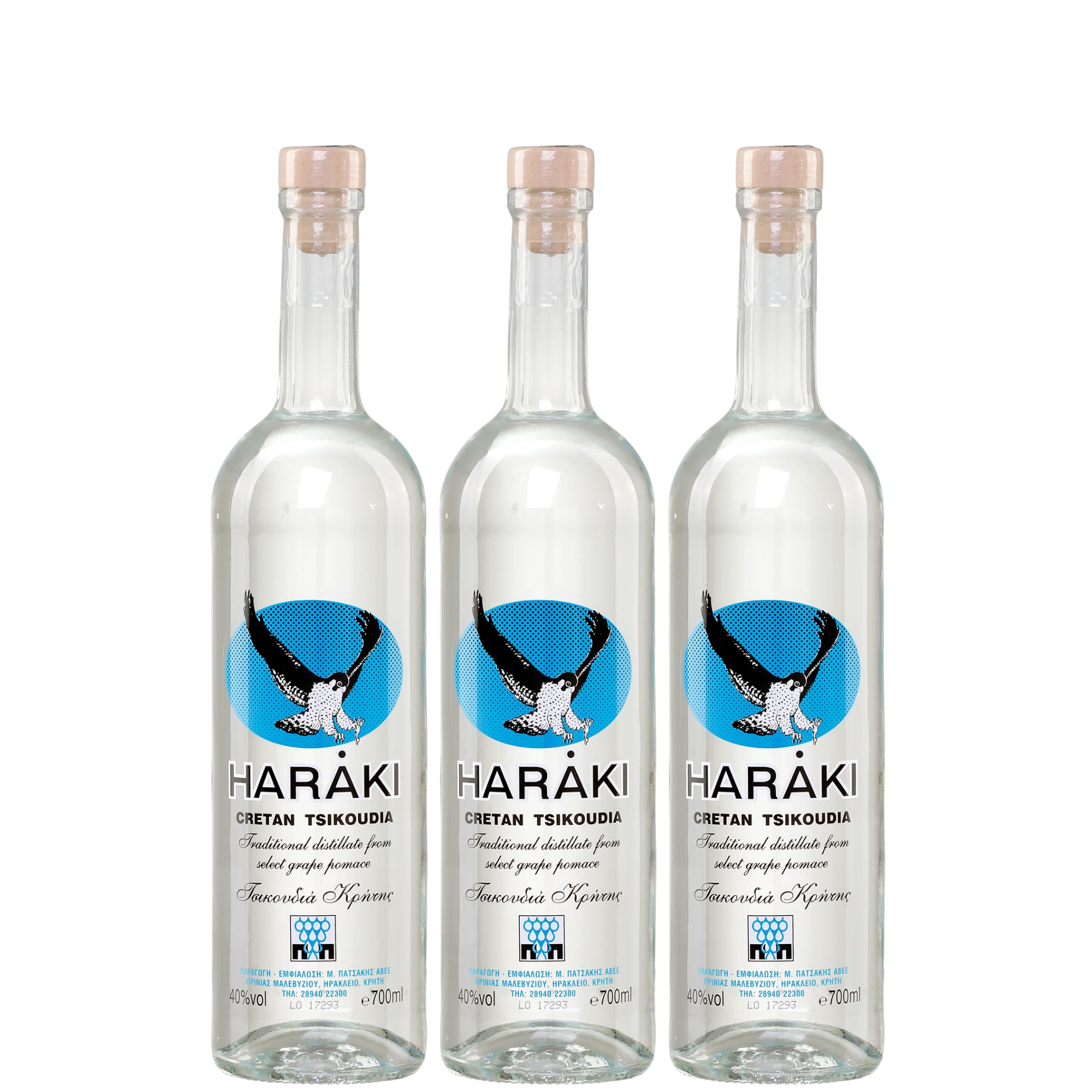 Raki von Kreta 3x 0,7l 40% Haraki Kretaraki Tsikoudia | Griechischer Tresterbrand ohne Anis | 100% Destillat | + 1 x 20ml Olivenöl"ElaioGi" aus Griechenland