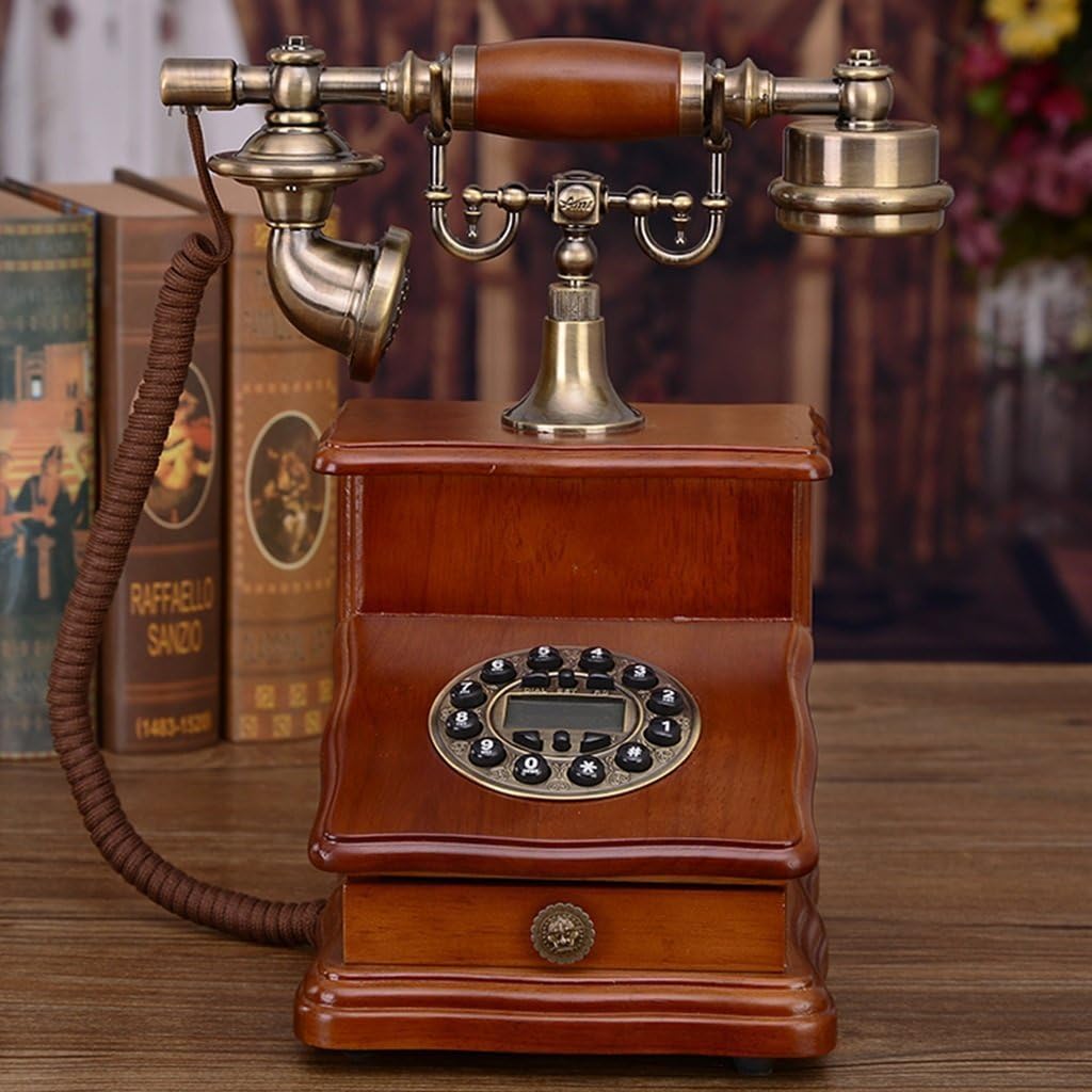 WD Classic Solid Wood Wired Fixed Phone with Rotating Dial and Metal Ringtones