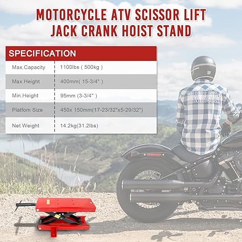 Miniatura 3 de Centro de motocicleta con elevador de tijera, soporte de elevación para bicicletas, cuatrimotos, scooter, manivela con sillín y pasadores de