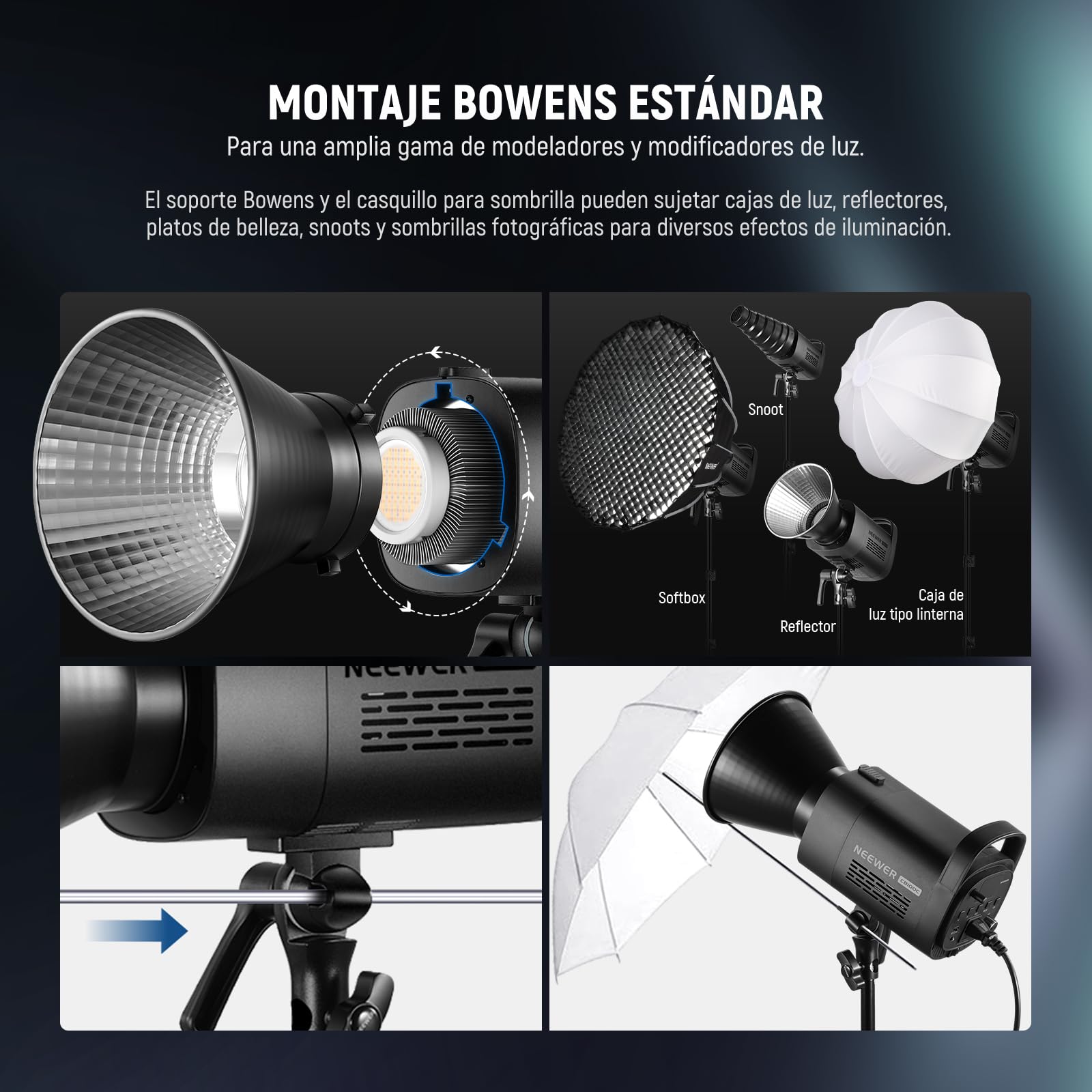 NEEWER CB100C 130w RGB LED Luz Video App/2.4G Control 360° Todo Color 2700K-6500K 27000lux/m COB Bowens Mount Foco Iluminación Lámpara Continua Silenciosa TLCI/CRI97+ 17 Escena para Estudio Fotografía