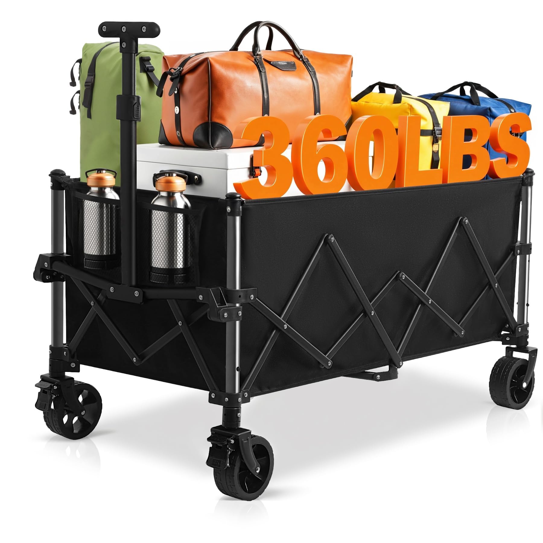 Favoyard 220L Large Capacity Festival Trolley, Heavy Duty Garden Wagon Cart, Folding Camping Trolley with All-Terrain Wheels and Adjustable Handle for Beach Garden Outdoor Camping Shopping, Black