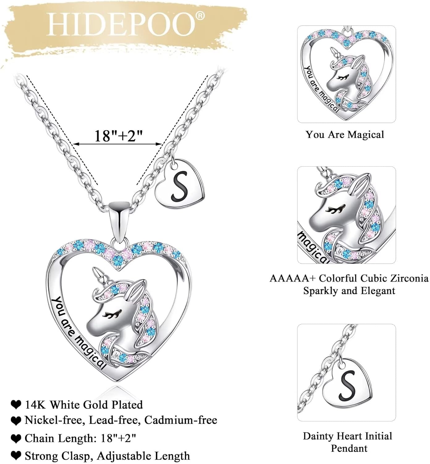 Hidepoo Valentines Gifts for Kids Girls - Unicorn Necklace for Girls Gifts 14K White Gold Plated CZ Heart Pendant Unicorn Necklace Jewelry Initial Unicorns Necklaces Unicorns Gift Valentines Gift - Image 4