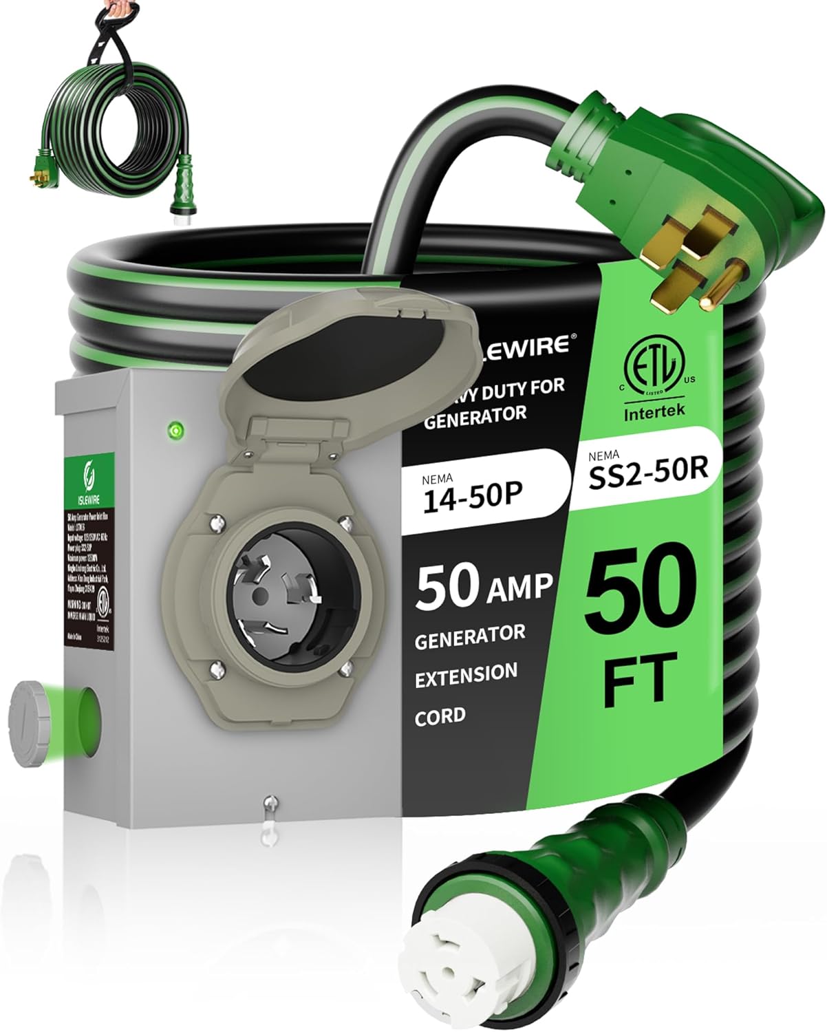 50 Amp 50FT Generator Cord and Pre-Drilled Power Inlet Box, NEMA 14-50P to SS2-50R Generator Cord Kit, 6/3+8/1 AWG STW Twist Lock Connector, 125/250V 12500W, ETL Listed, Ready for Emergency Use