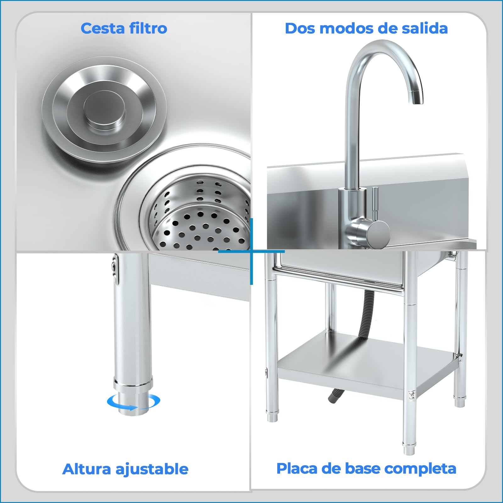 RiveraSink Fregadero Inox Autoportante 50x50 cm 1 Cubeta Exterior | Acero Inoxidable, Salpicadero Trasero, Grifo Incluido, 1 Cubeta Amplia, Patas Regulables, Kit de Desagüe, Uso Exterior
