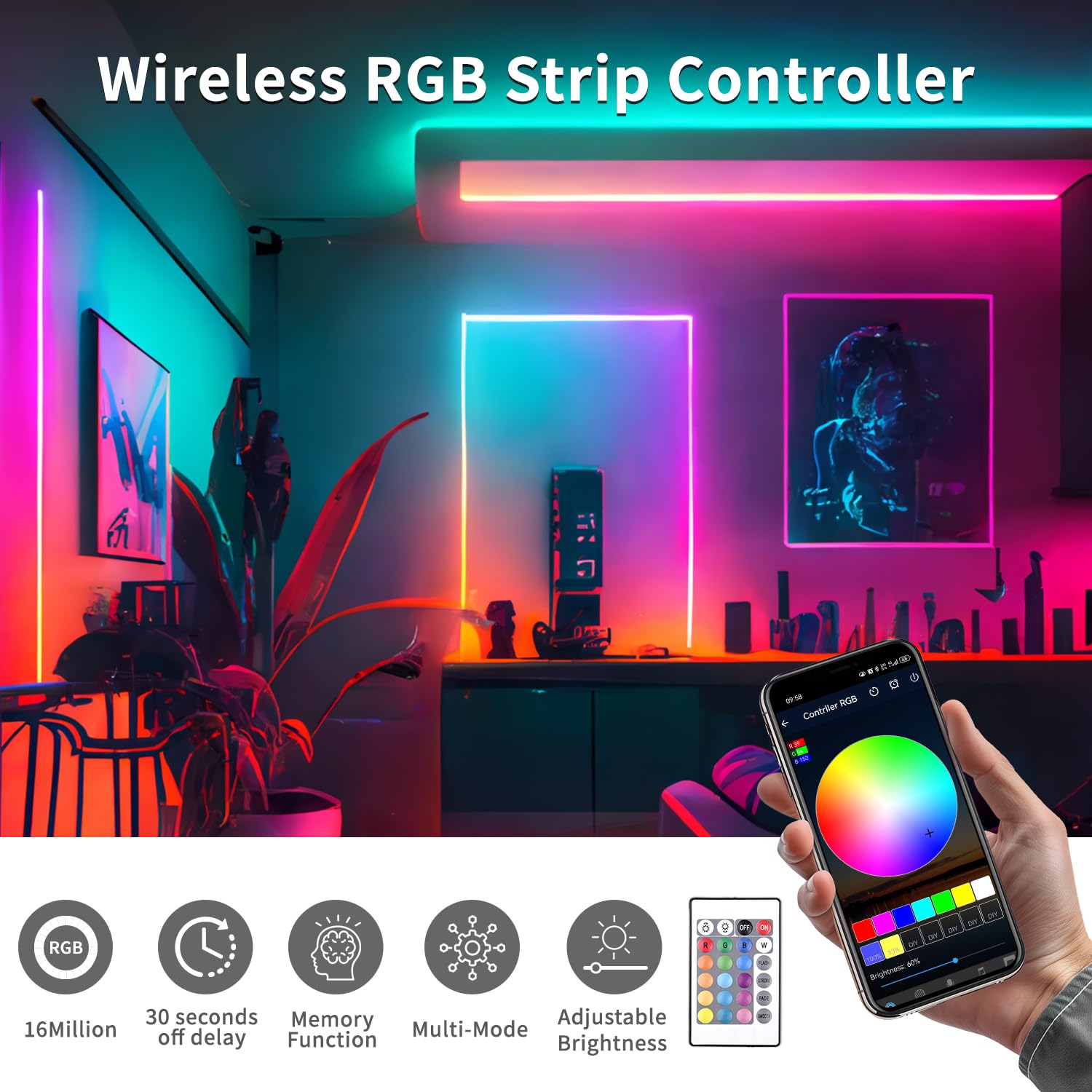Striscia RGB COB con telecomando 5m ad alta densità DC 24V Band 2880 LED dimmerabile Certificazione UL striscia FCOB CRI 90+, illuminazione colorata per decorazione della stanza