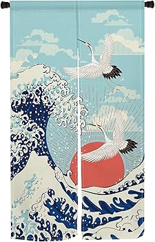Amazon｜Qinunipoto 和風 波柄 鶴 和柄 シンプル風 暖簾 幅85×丈150cm