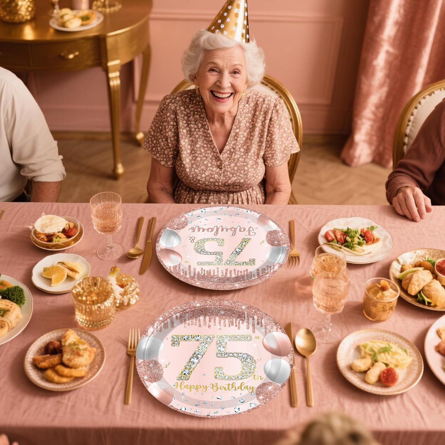 201 PCS Happy 75th Birthday Decorations Tableware Set Rose Gold, With Banner, Cake Topper, Plates and Napkins, 75th Birthday Decorations for Women, Serves 25 Guests