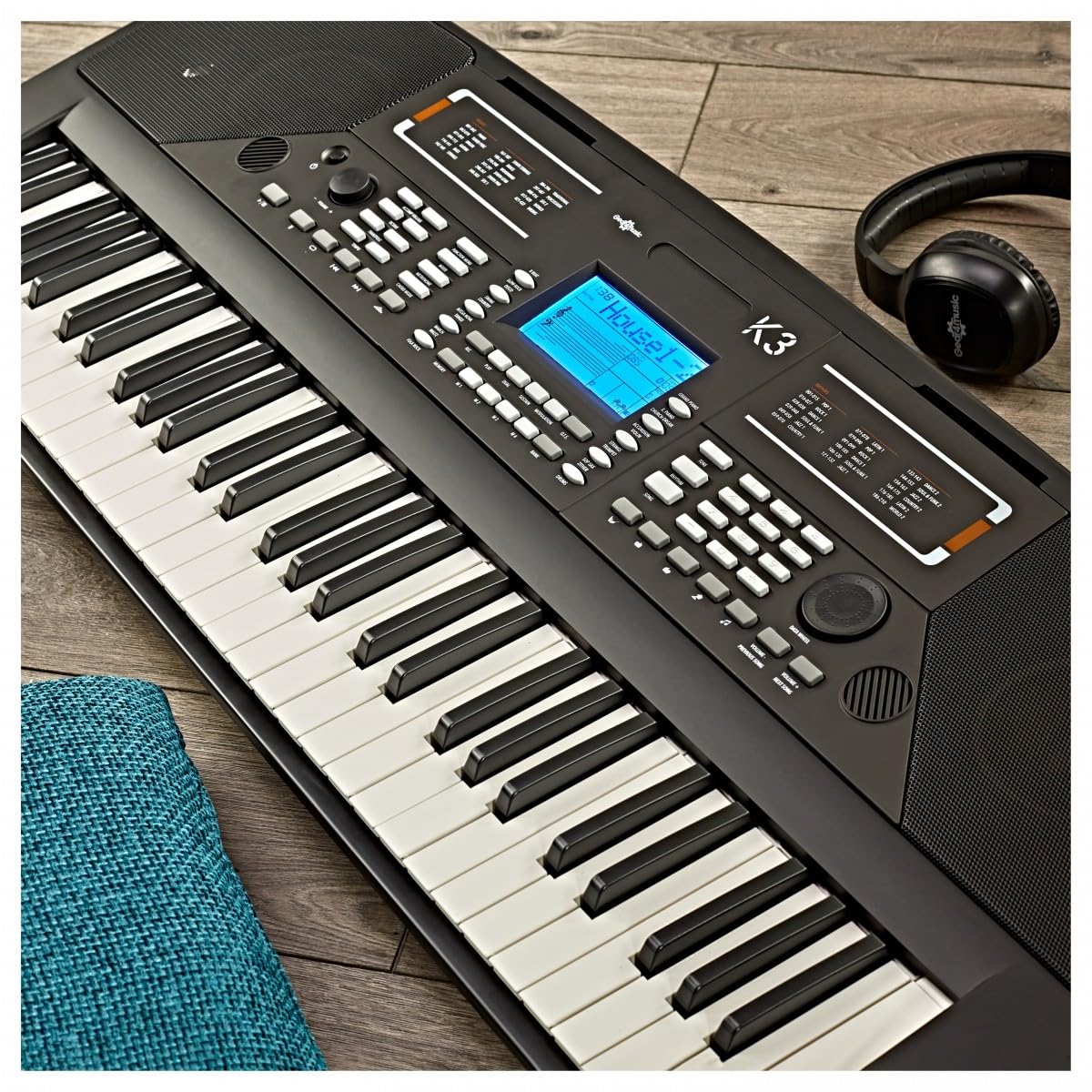 K3 Keyboard mit 61 Tasten von Gear4music, Bundle mit Kopfhörer | 61 anschlagdynamische Tasten mit 64-facher Polyphonie, über 400 Stimmen und 200 Rhythmen, Aufnahme, 8W-Lautsprecher