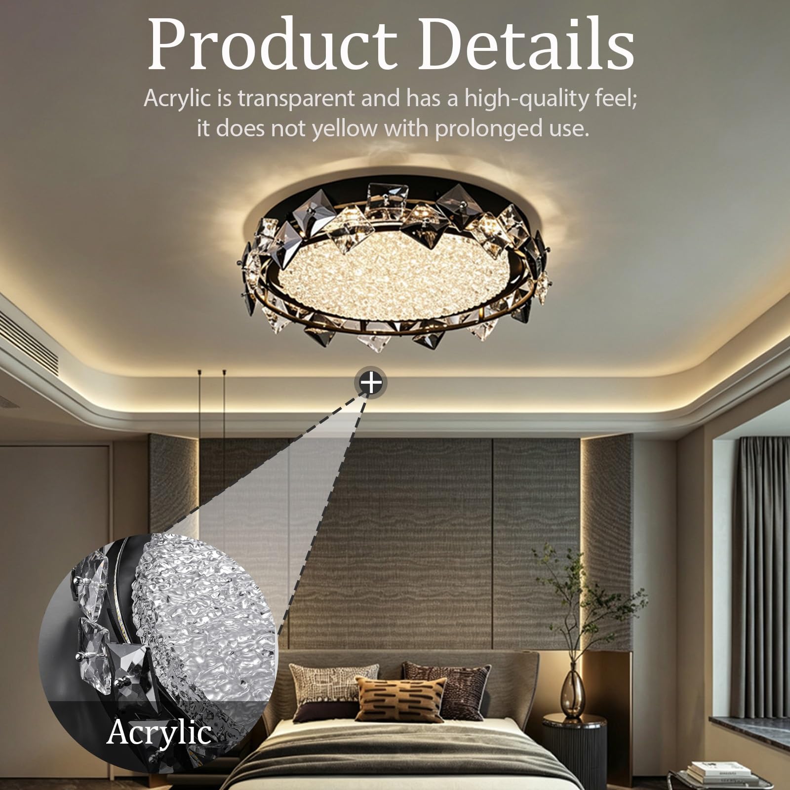 Französischer Craquelé Kristall Deckenlampen Italienische runde dimmbare LED Deckenleuchte Acryl Sand schwarz 3000-6000K Geeignet für Esszimmer Wohnzimmer Schlafzimmer und Arbeitszimmer