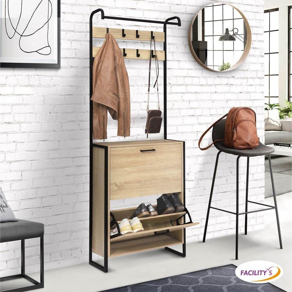 FACILITYS - Zapatero con 2 puertas para 12 pares con perchero de metal y efecto madera - 180 x 63,5 x 23,5 cm - Zapatero Entrada Recibidor - Burro Ropa - Barra de Colgar - Estilo Vintage