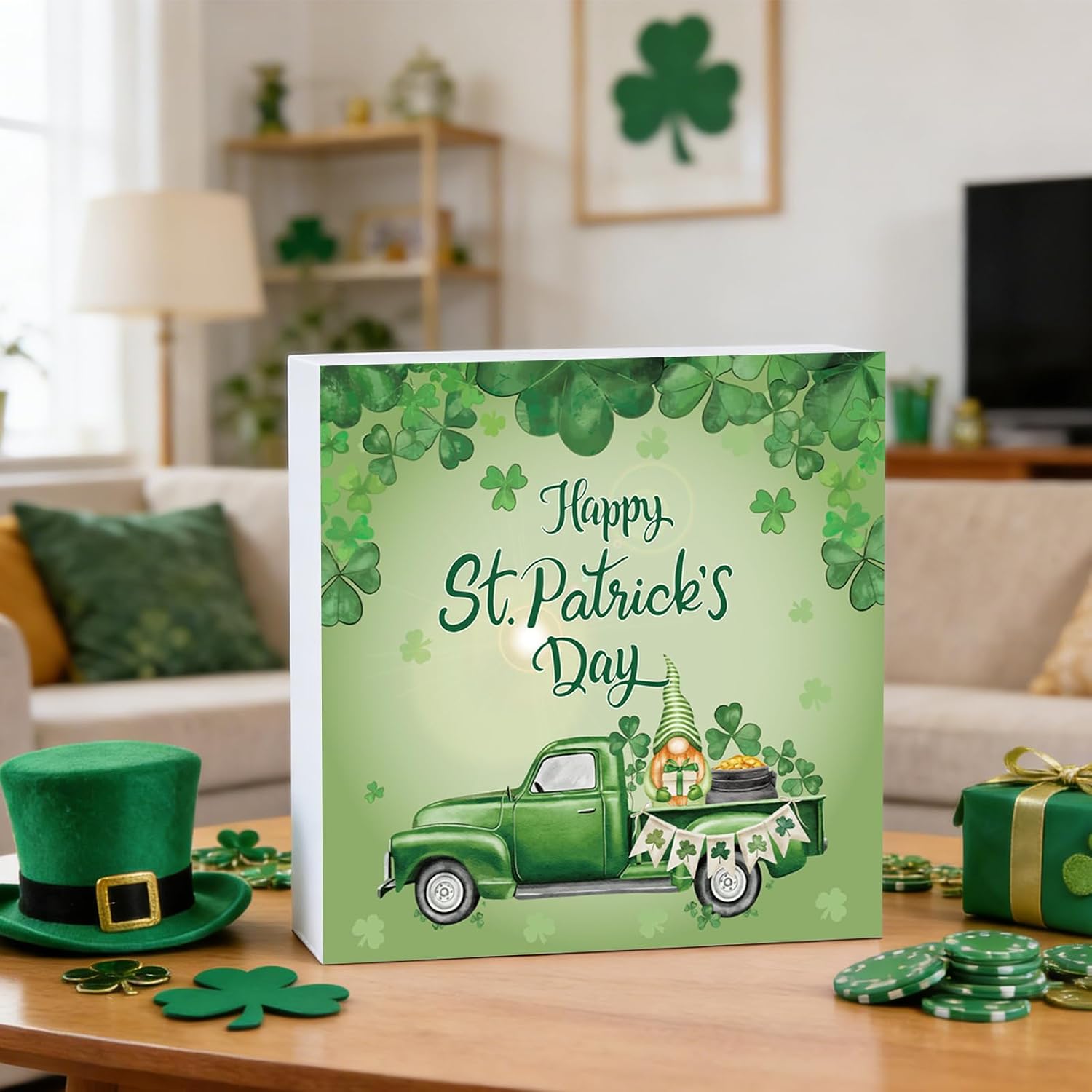 St Patricks Day Decorations St Patricks Day Decor Indoor Table Shamrocks Truck Home Room Office Bathroom Wood Box Sign Rustic Wooden Shelf Desk Decor Season Sign House Warming Gifts 5.9 x 5.9 Inch