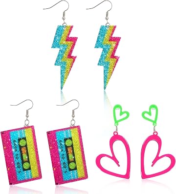 JATEBI 3 Pairs Carnival Earrings, Lightning Bolt Dangle Earring Neon Heart Earrings for Women Retro 80s Glow Party Accessories Neon Jewelry Outfits Costume Accessories