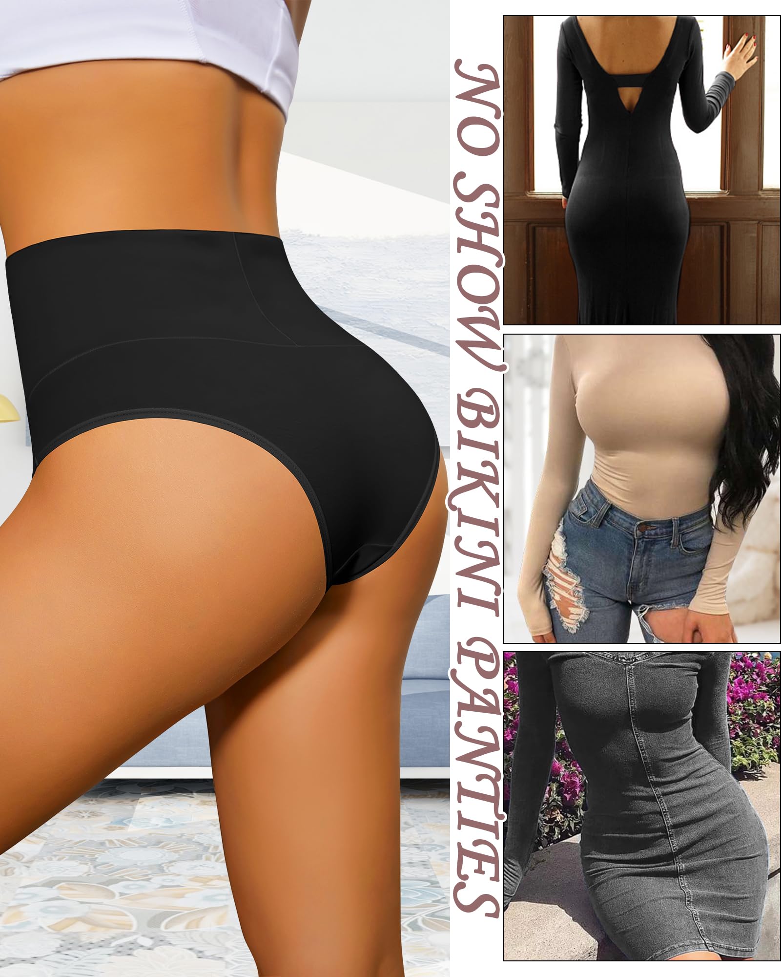 ASIMOON Ropa interior de bikini de cintura alta para mujer, bragas de algodón con control de abdomen, suaves, elásticas, sin rollitos, paquete múltiple