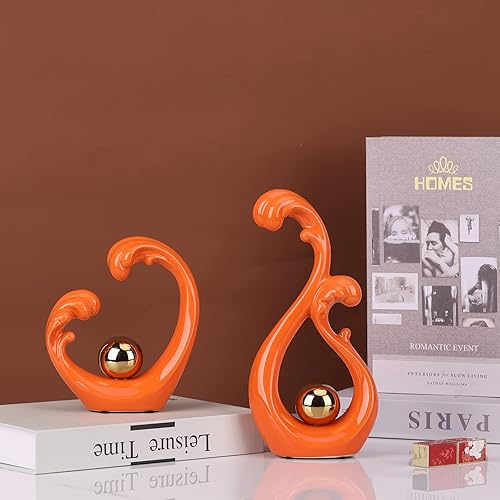 Miniatura 4 de DOVDOV Decoración para el hogar naranja y dorado, juego de 2 piezas de estatua de cerámica, decoración de mediados de siglo para decoración de mesa