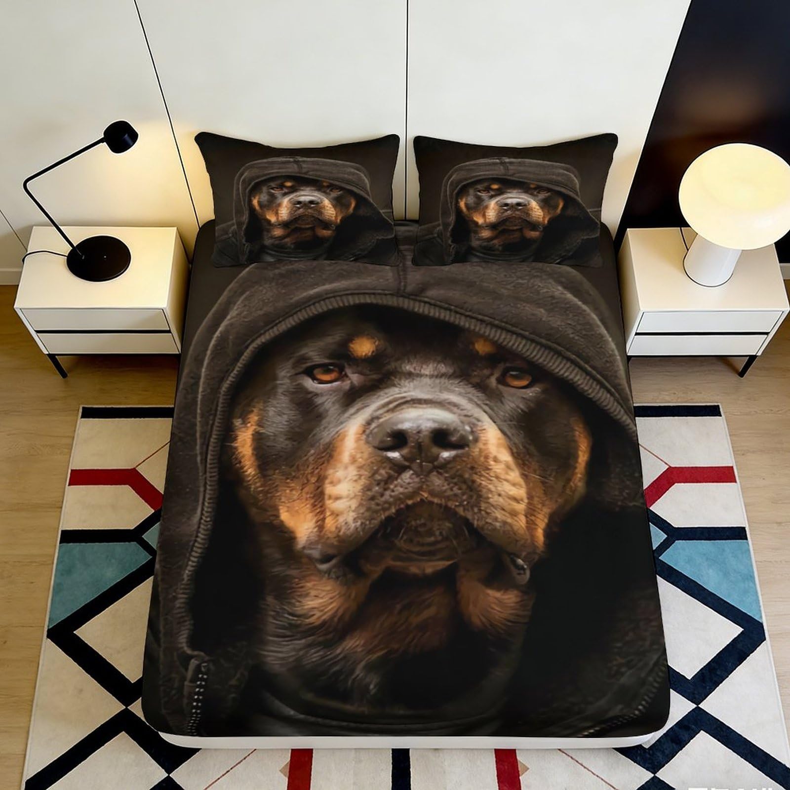 3D Printed Rottweiler Dog Hoodie Fitted Sheet Microfiber Soft Black Bed Cover for Bedroom Dorm Mattress Decor 90x200x25cm