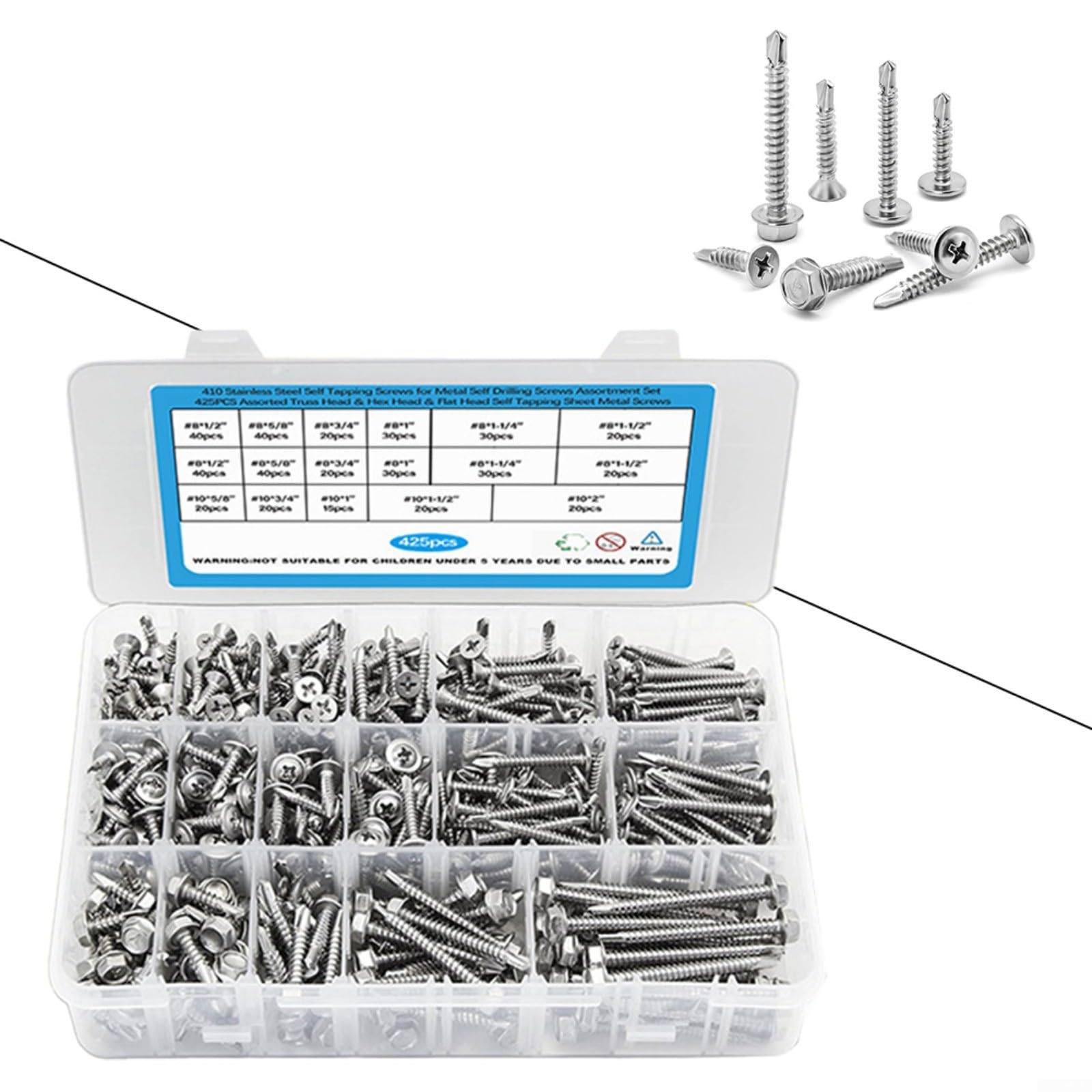 425 pezzi Set di viti autoperforanti in acciaio inox 410, testa esagonale e svasata per metallo, legno, plastica, argento