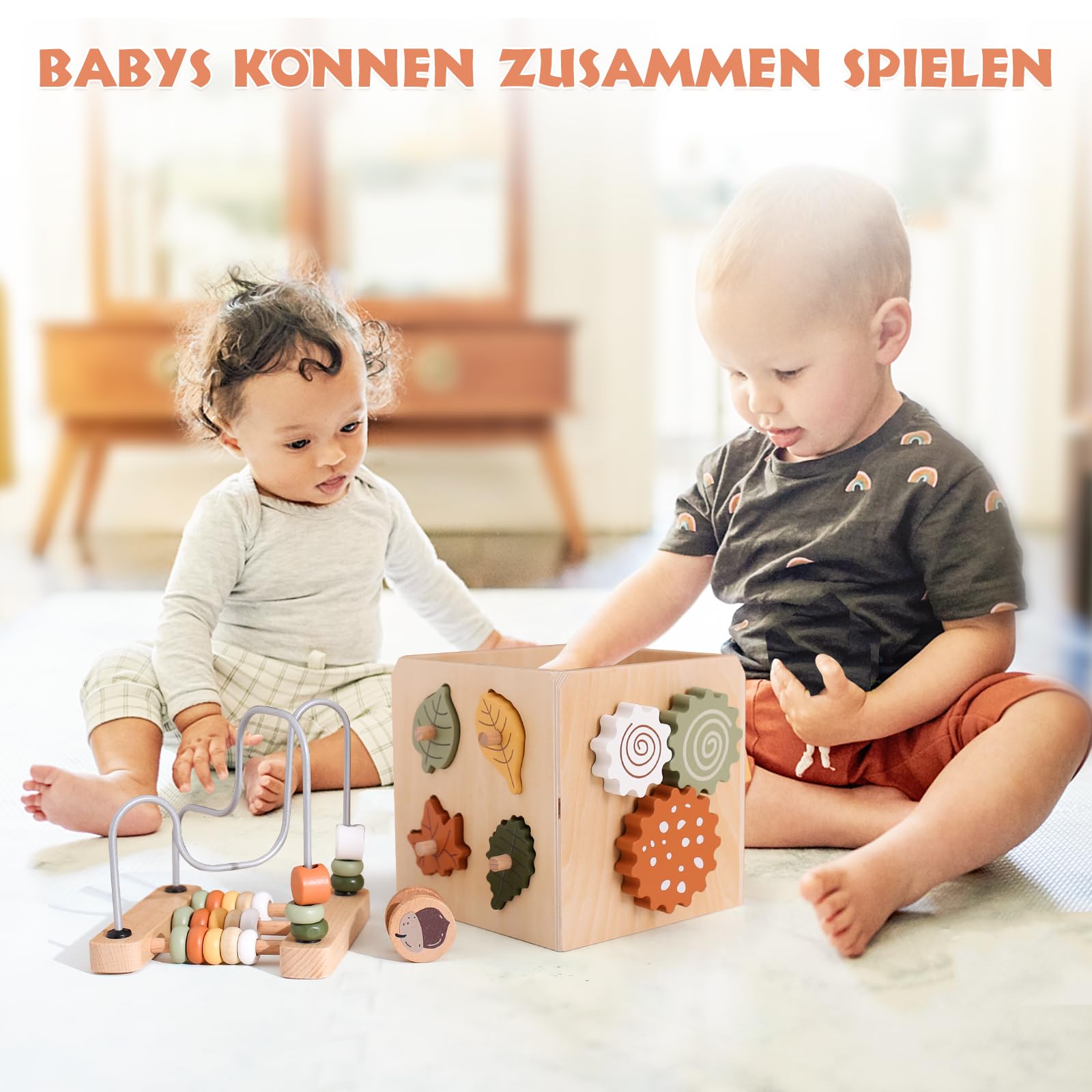 WOODEN TEETHER Montessori Motorikwürfel holzspielzeug Montessori Spielzeug 6 in 1（Naturholzfarbe Aktivitätswürfel）