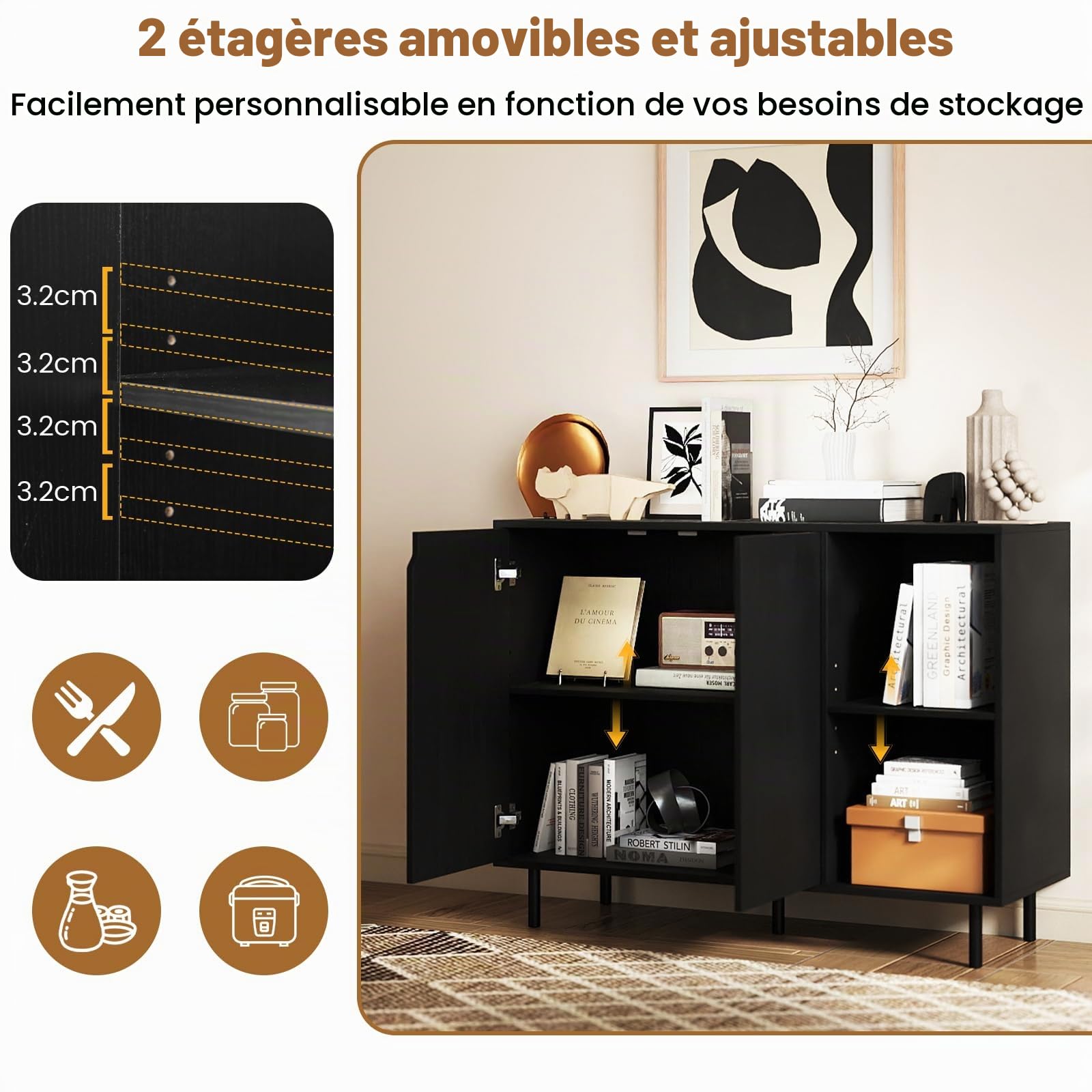 KOMFOTTEU Buffet Cuisine, 1 Armoire à Portes & 2 Étagère Ouvertes, Meuble Cuisine avec Dispositifs Anti-basculement, Armoire Rangement, 106 x 38 x 80 cm, pour Salon, Salle à Manger, Chambre (Noir)