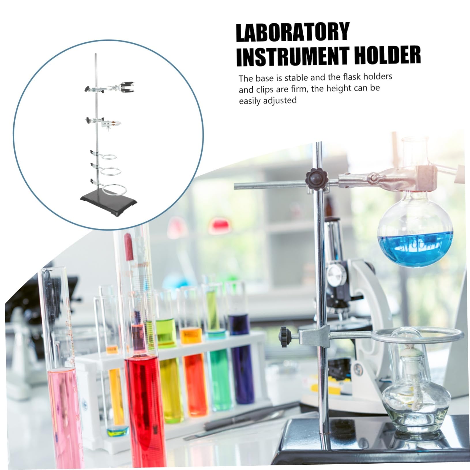 60cm Laborstativ aus Eisen mit 6 Halterungen, Silber | Stabiler Fuß, Platzsparende Aufbewahrung, für Chemie und Laborarbeiten